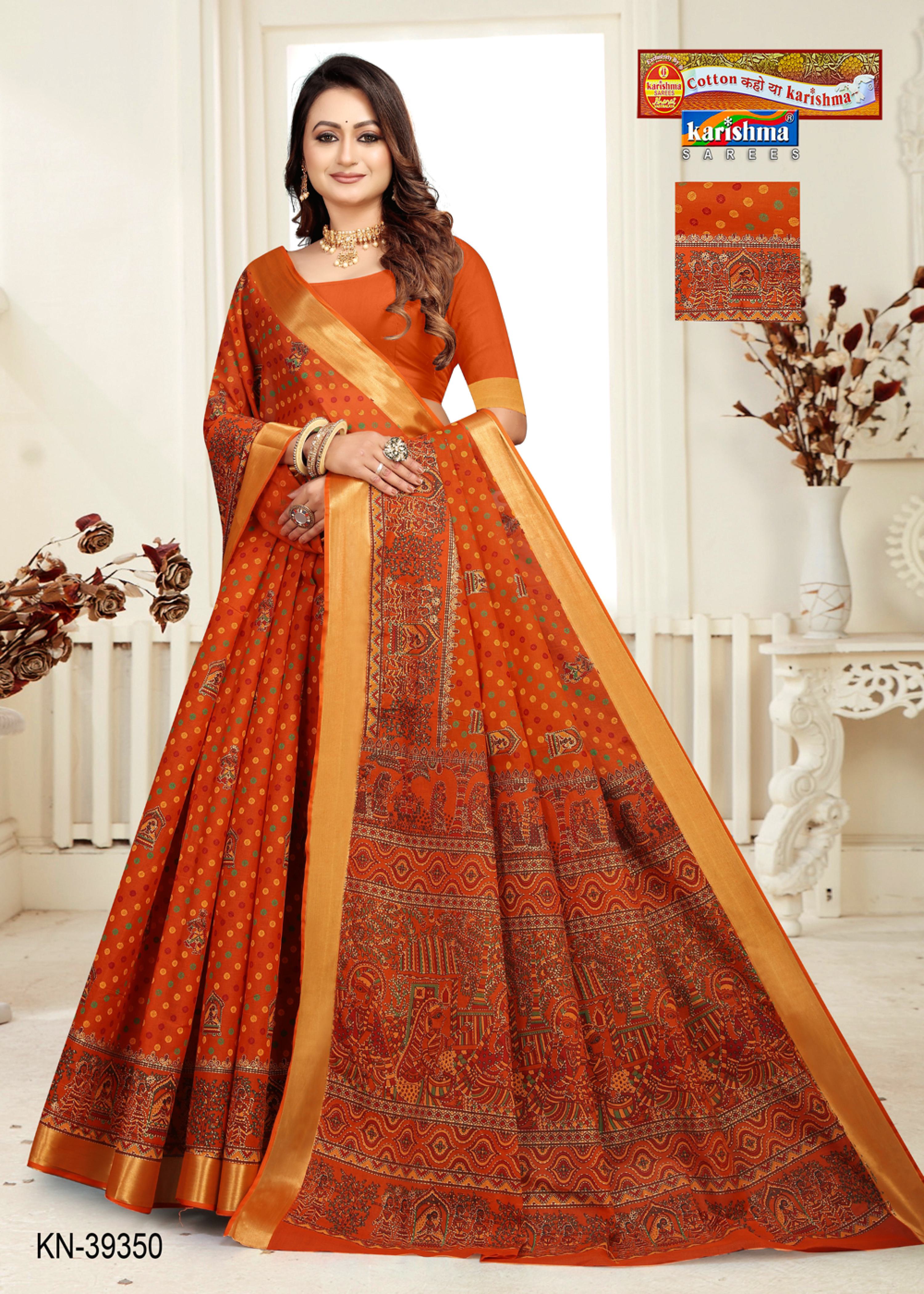 Orange Pure Cotton Mulmul (Stiff) Saree With Motif Print And Traditional Border