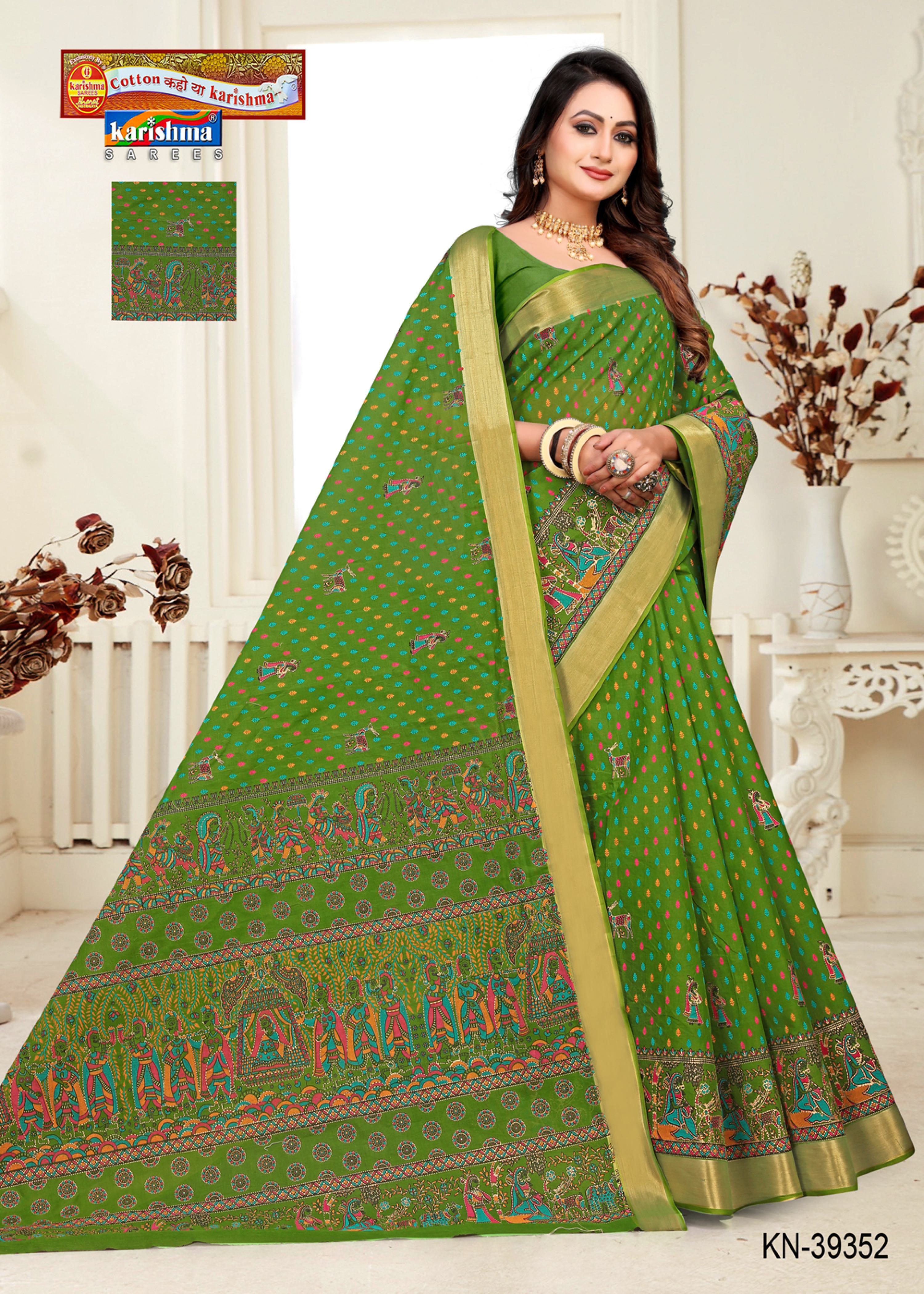 Green Pure Cotton Mulmul (Stiff) Saree With Motif Print And Traditional Border
