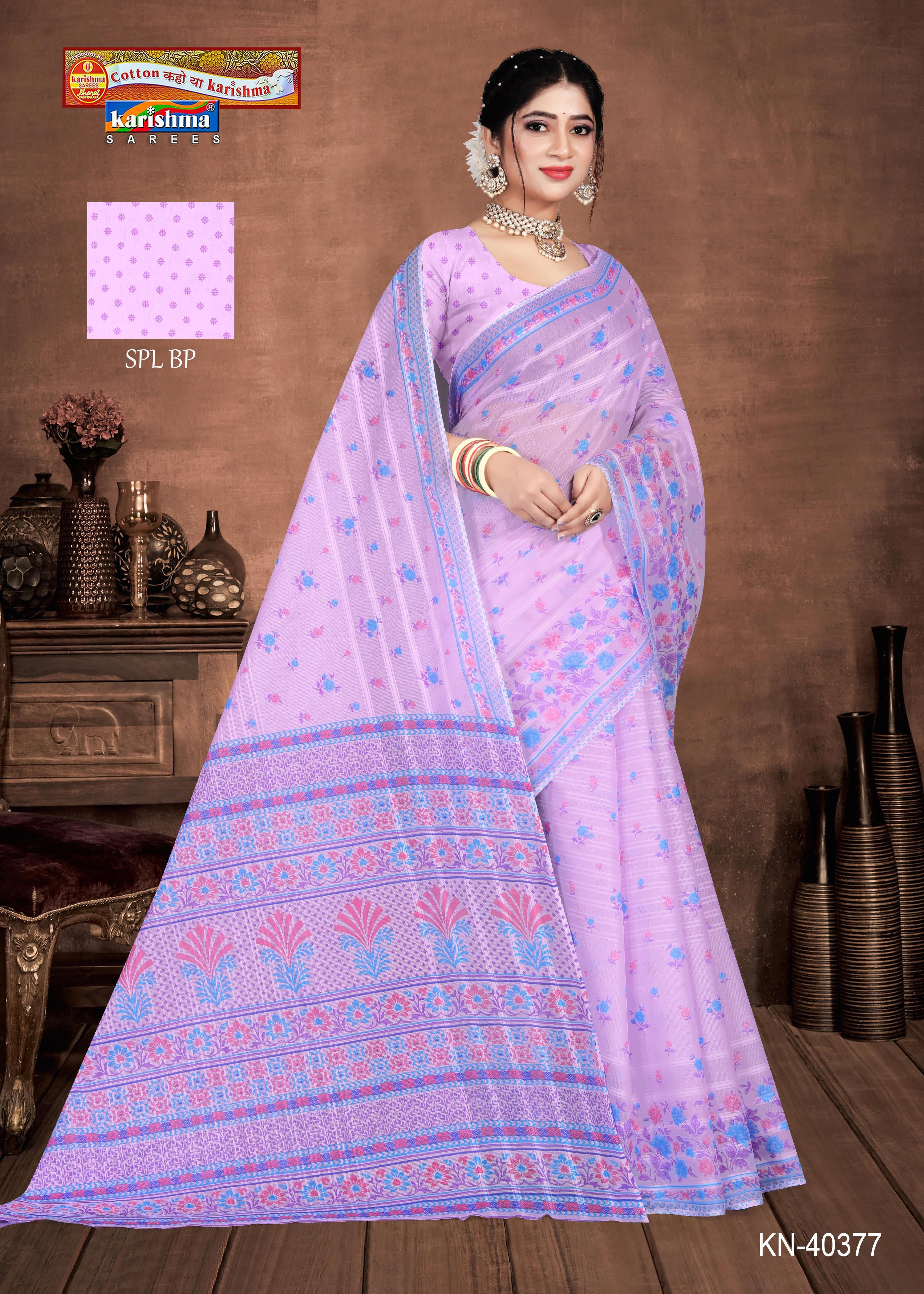 Lilac Summer Flower Design Printed Pure Soft Malai Cotton Saree