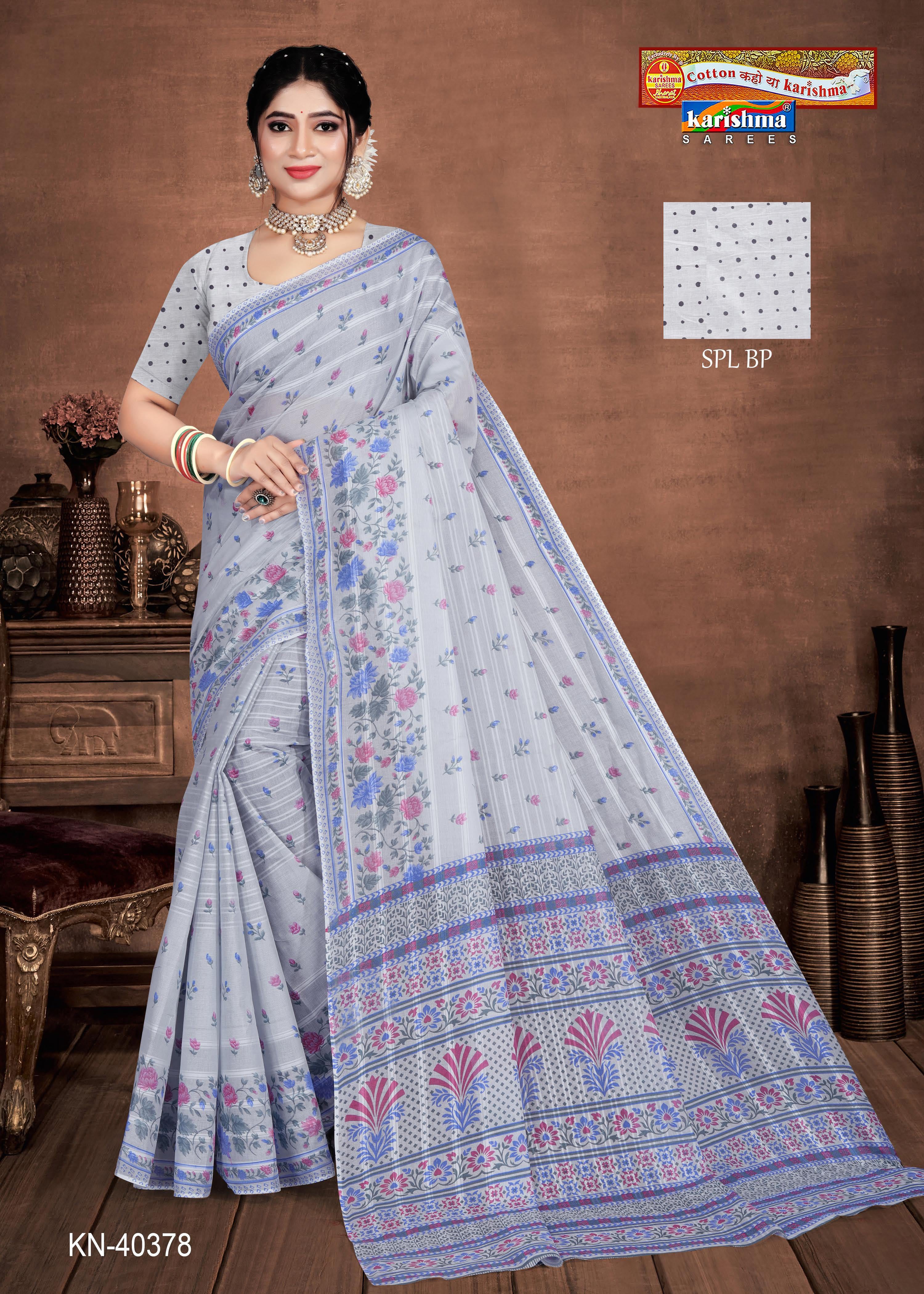 Grey Summer Flower Design Printed Pure Soft Malai Cotton Saree