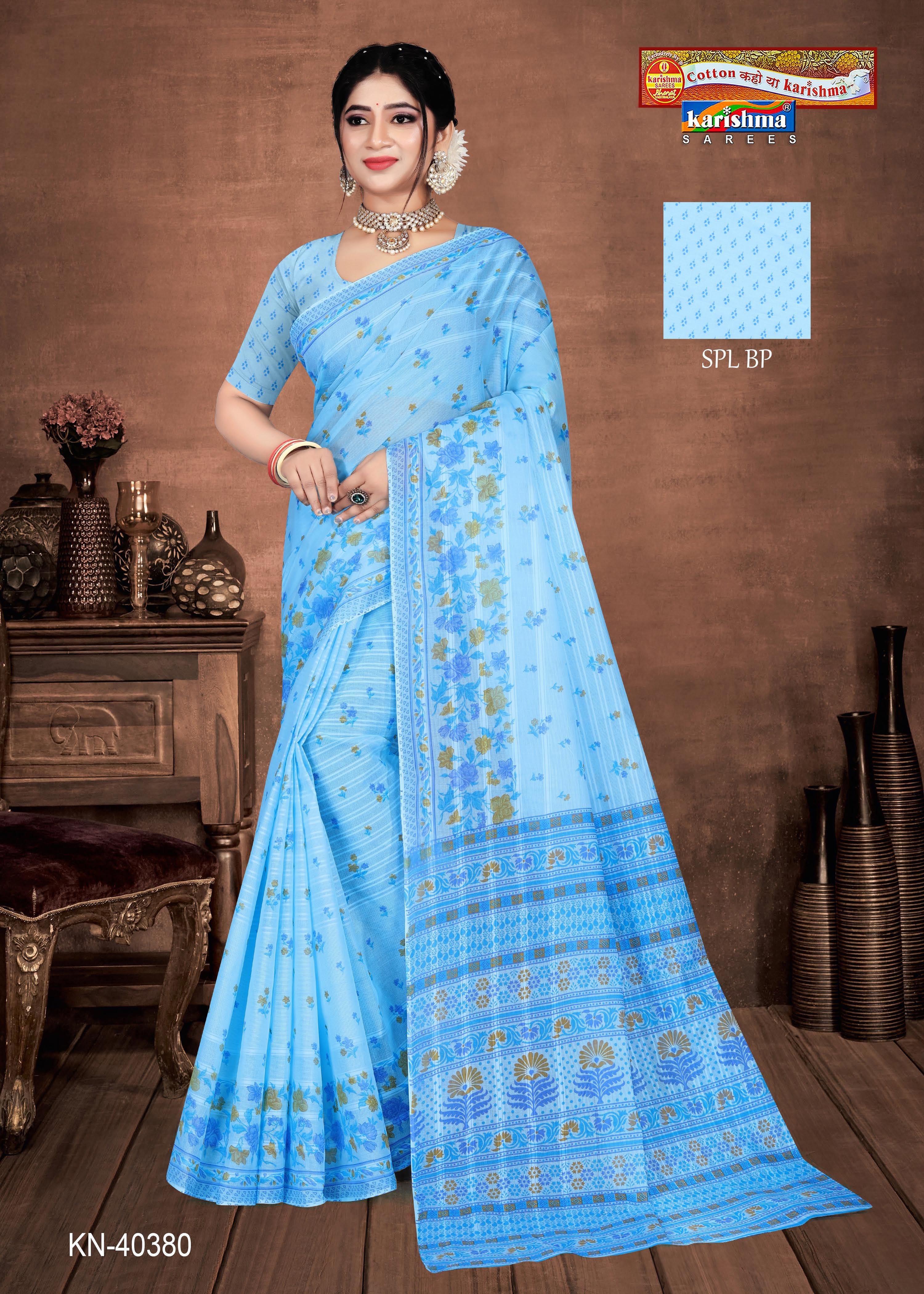 Blue Summer Flower Design Printed Pure Soft Malai Cotton Saree