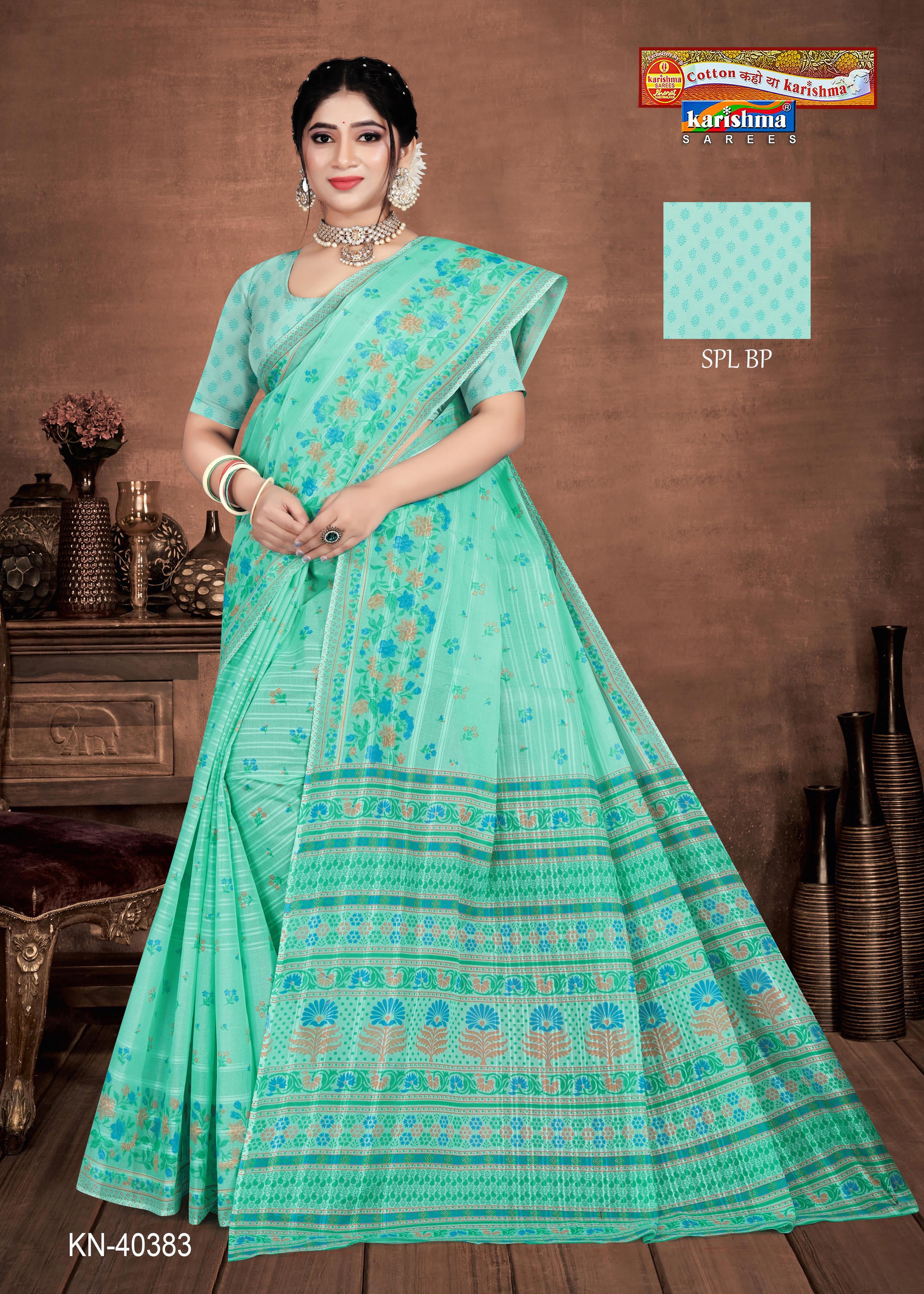 Teal Summer Flower Design Printed Pure Soft Malai Cotton Saree