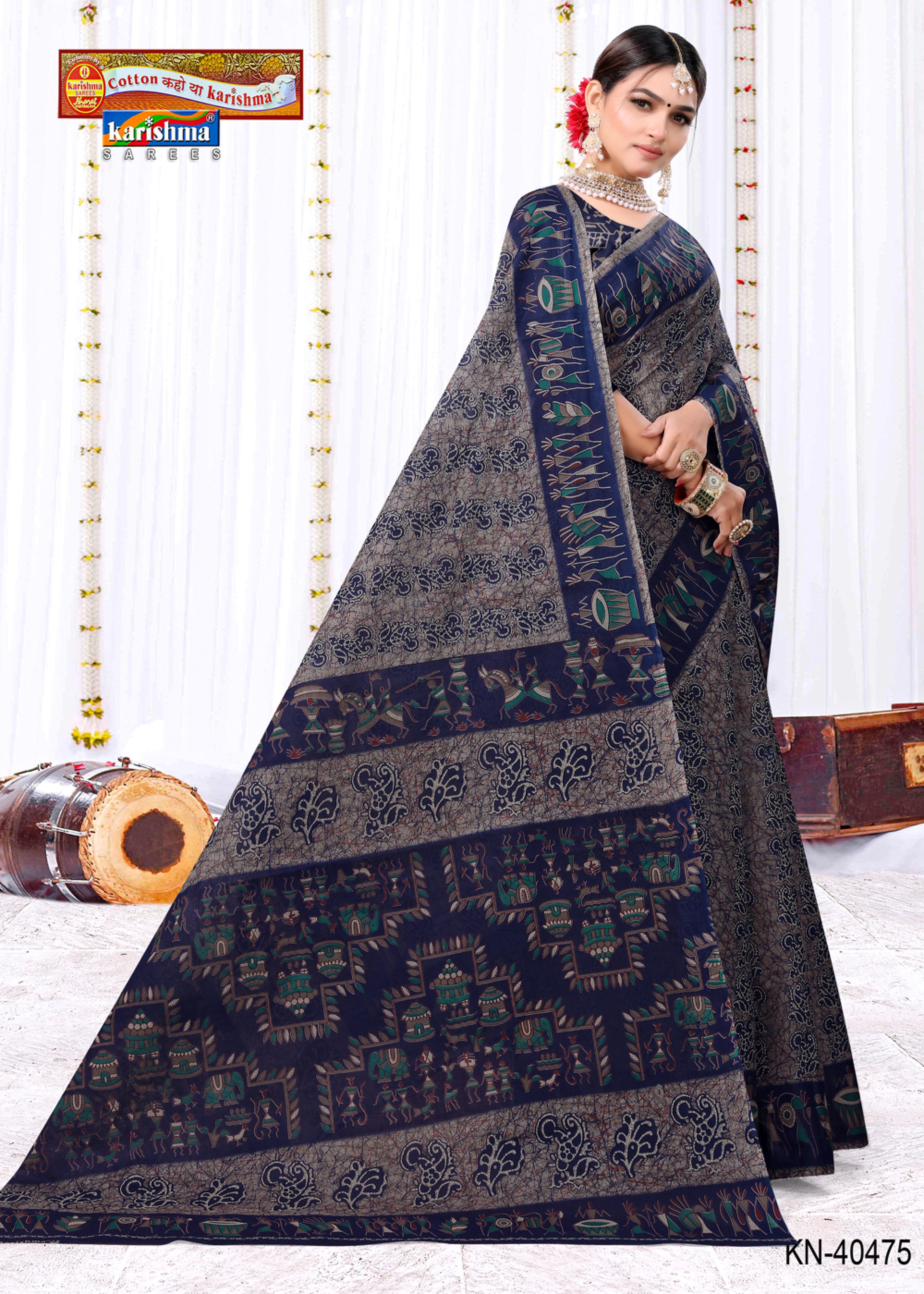 Navy Traditional Tribal Warli Design Printed Pure Mulmul Cotton Saree