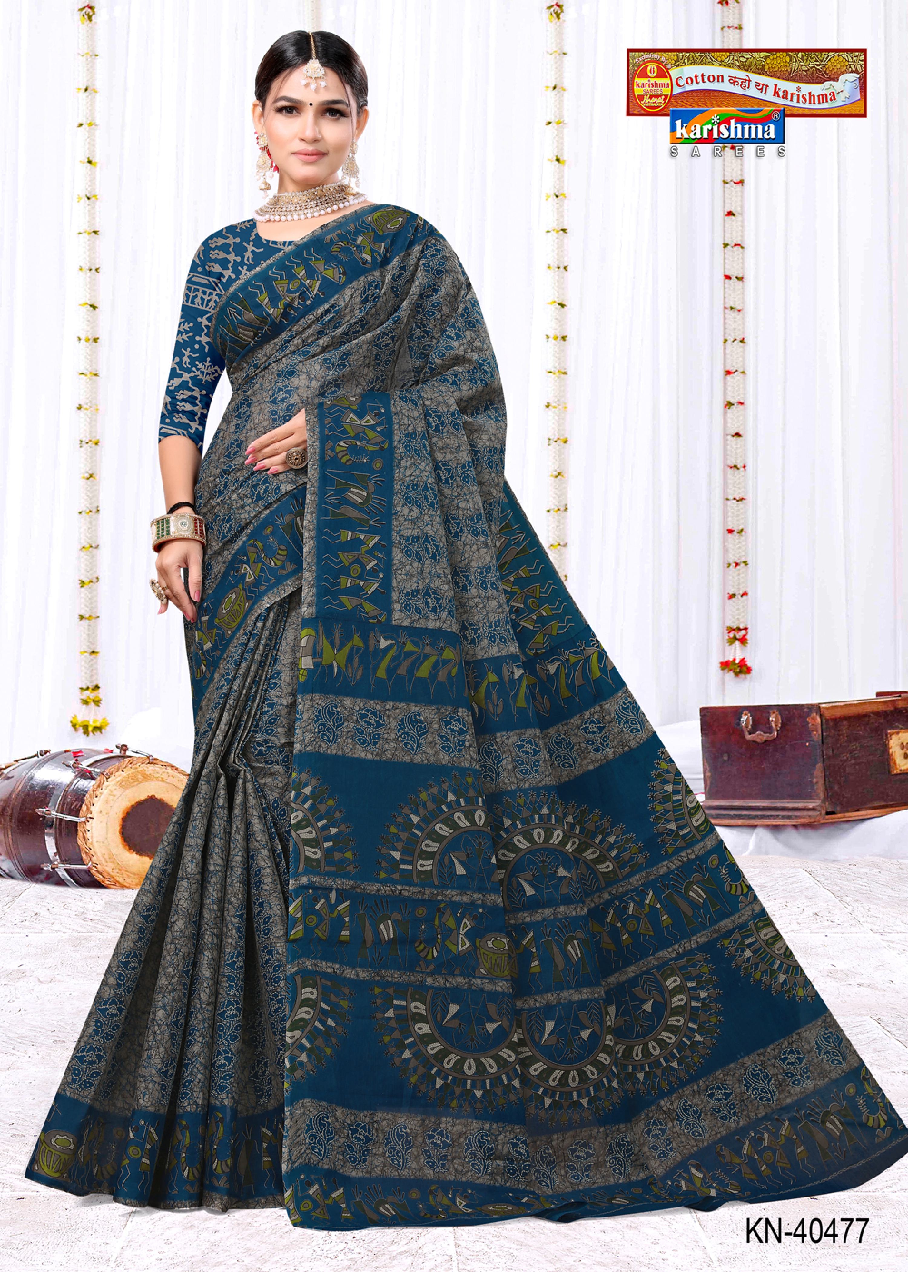 Blue Traditional Tribal Warli Design Printed Pure Mulmul Cotton Saree