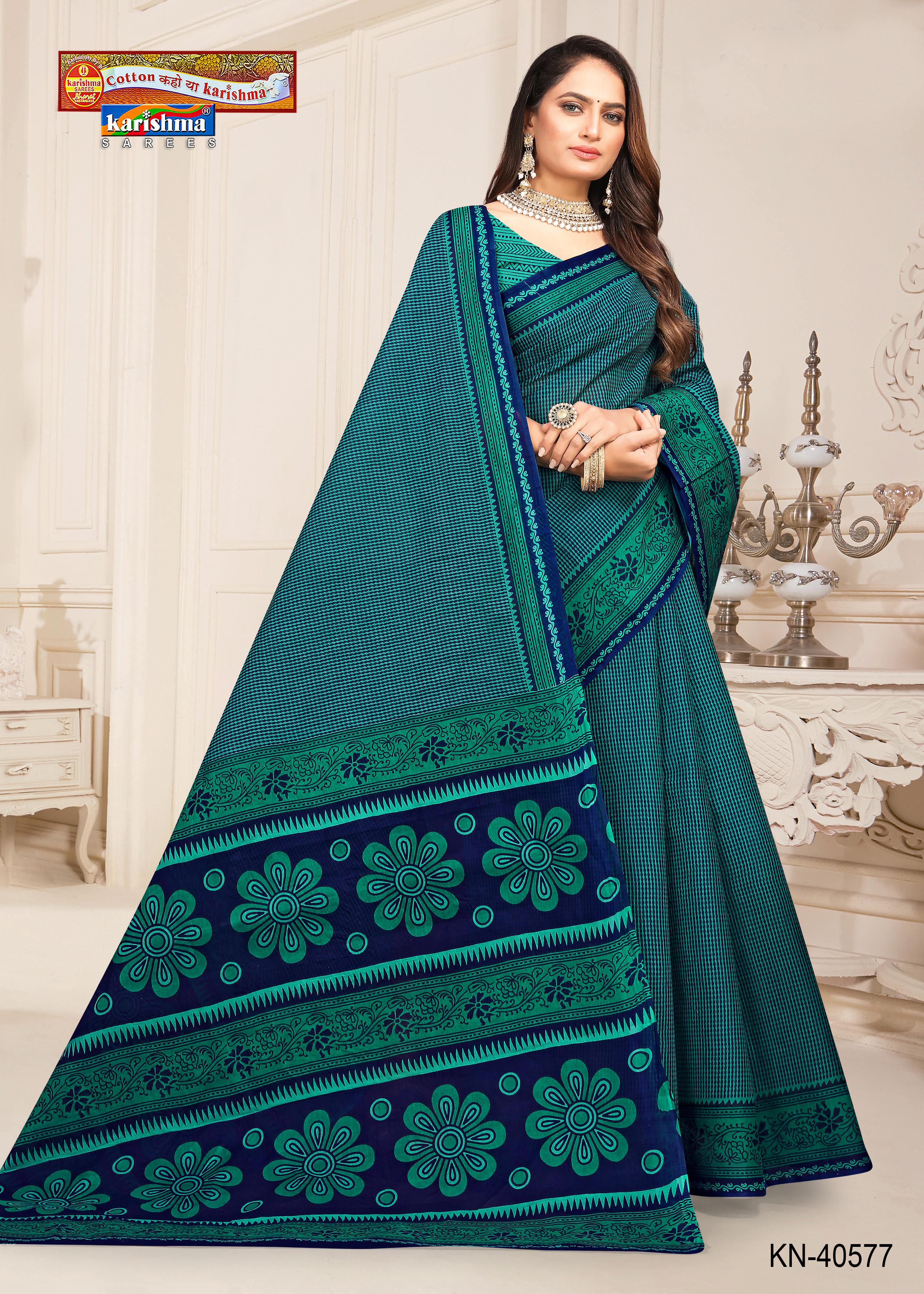 Teal Lotus Flower Design Pattern Printed Mul Cotton Everyday Wear Saree