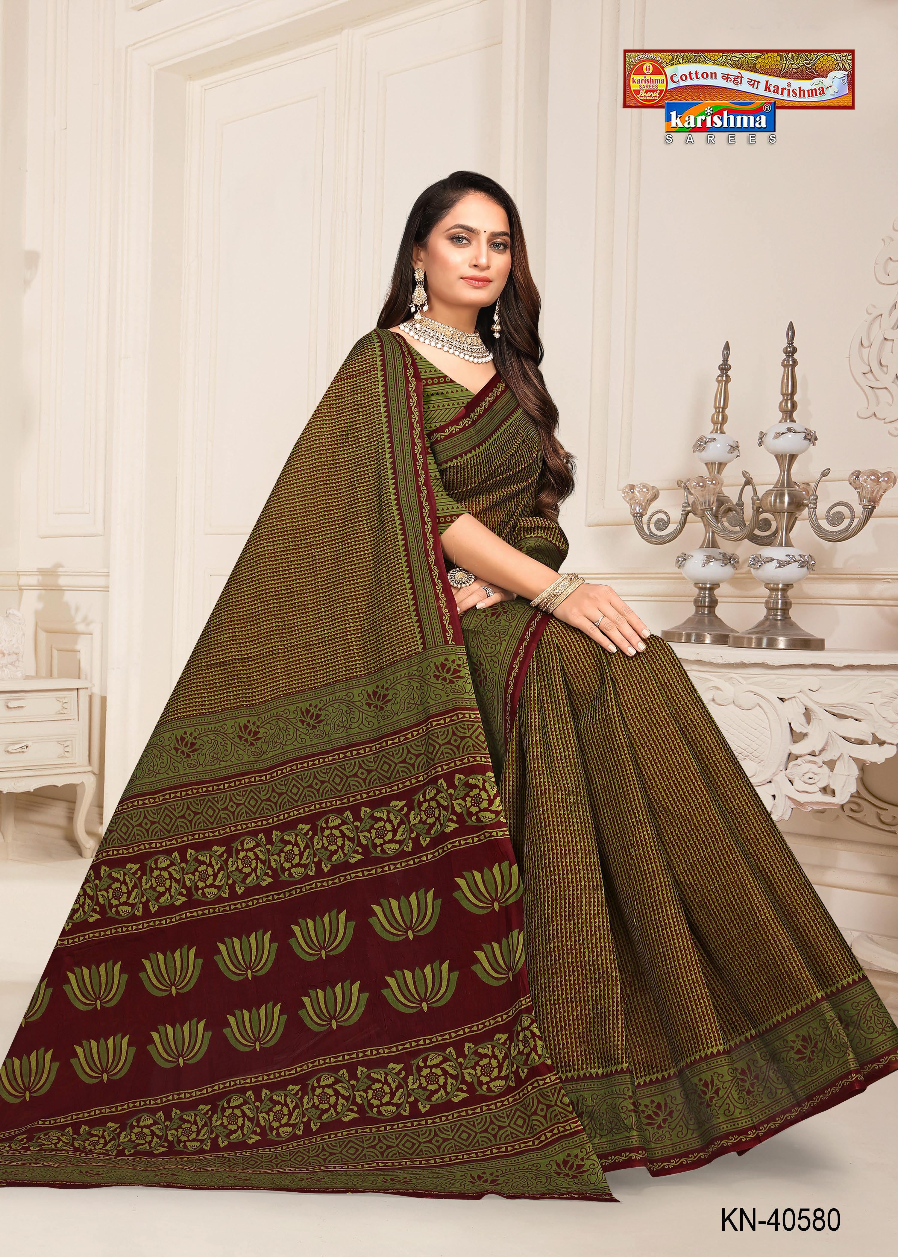 Olive Lotus Flower Design Pattern Printed Mul Cotton Everyday Wear Saree