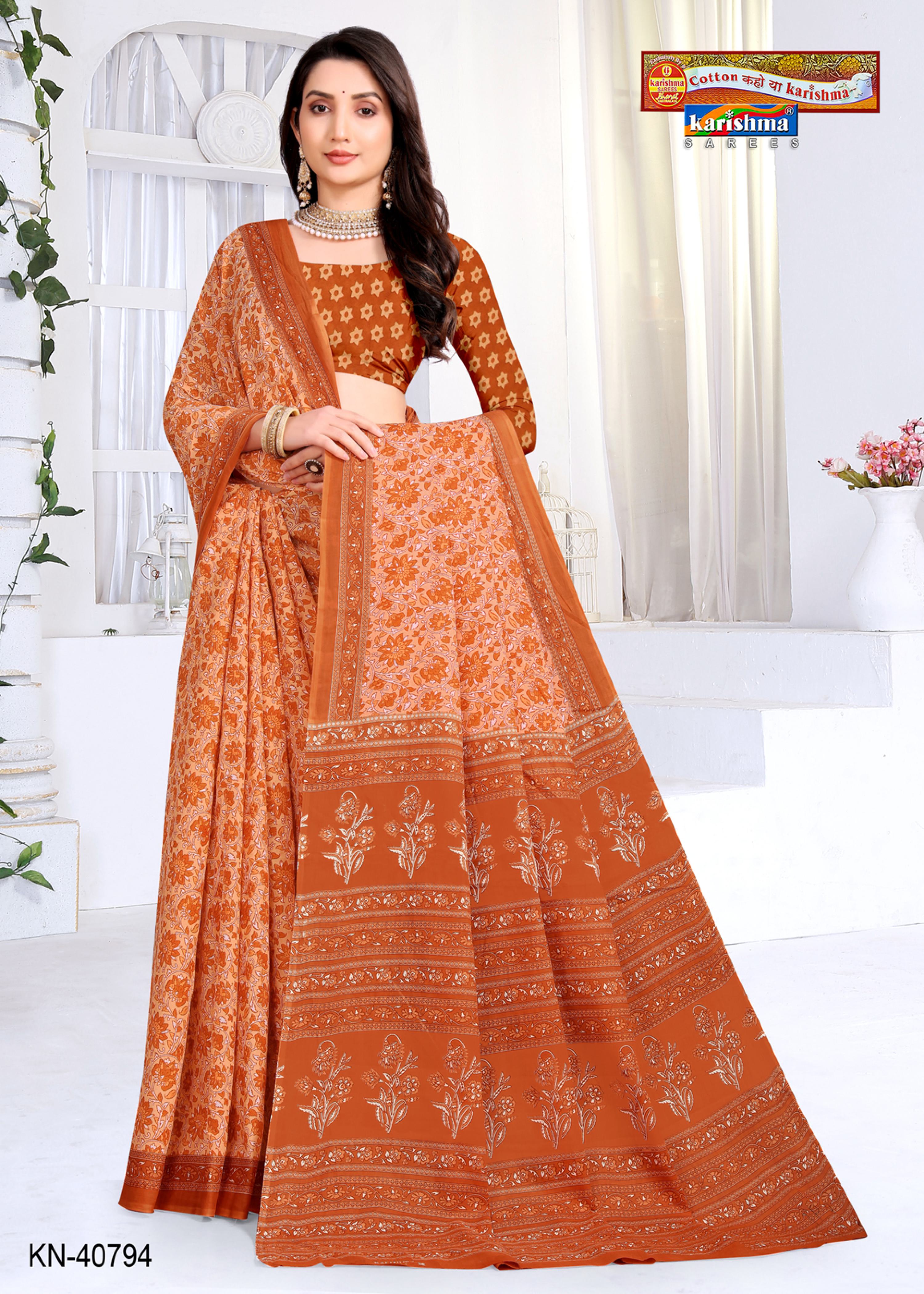 Light Orange Colour Floral Design Pattern Printed Soft Malai Cotton Everyday Wear Saree