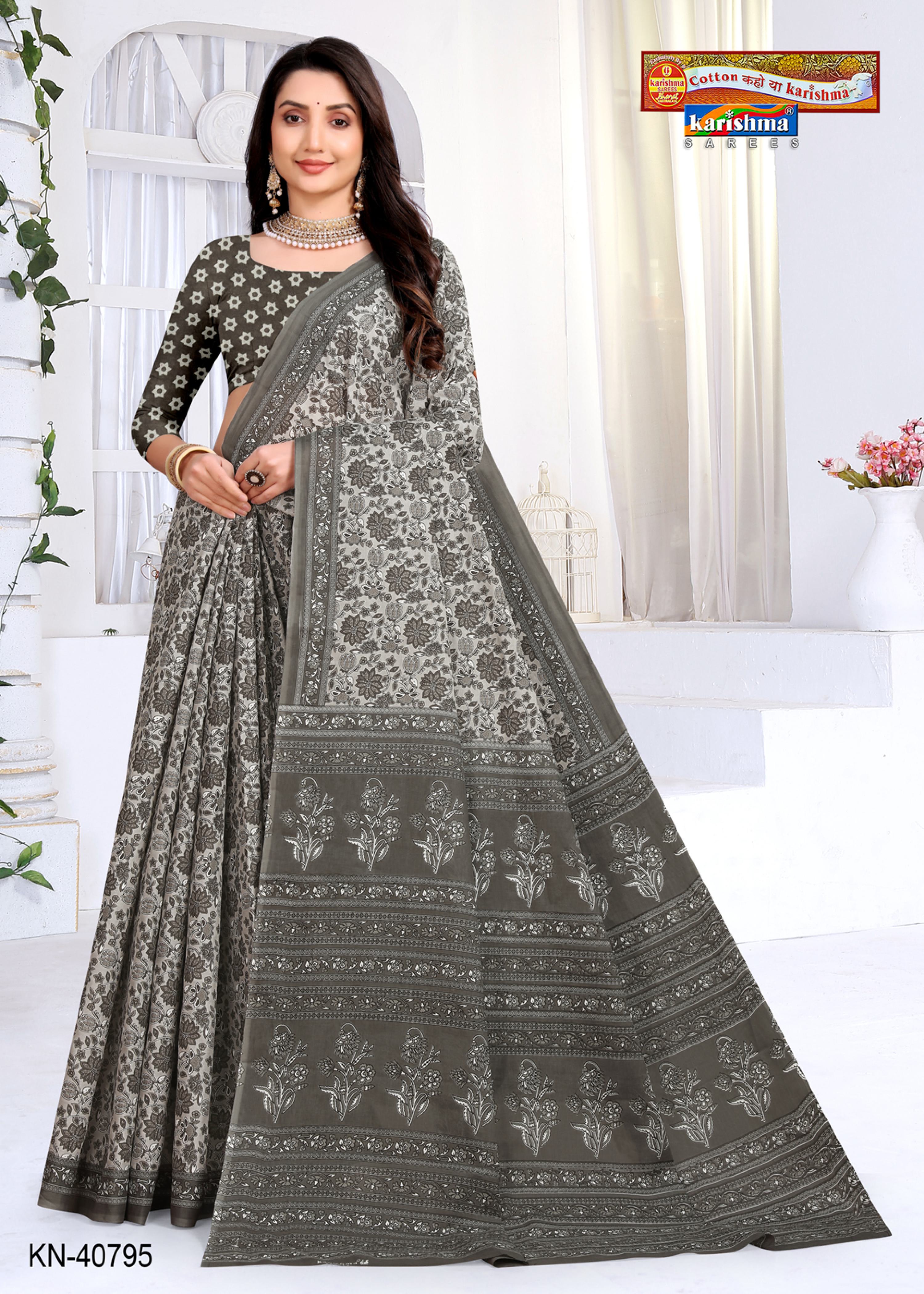 Light Grey Colour Floral Design Pattern Printed Soft Malai Cotton Everyday Wear Saree