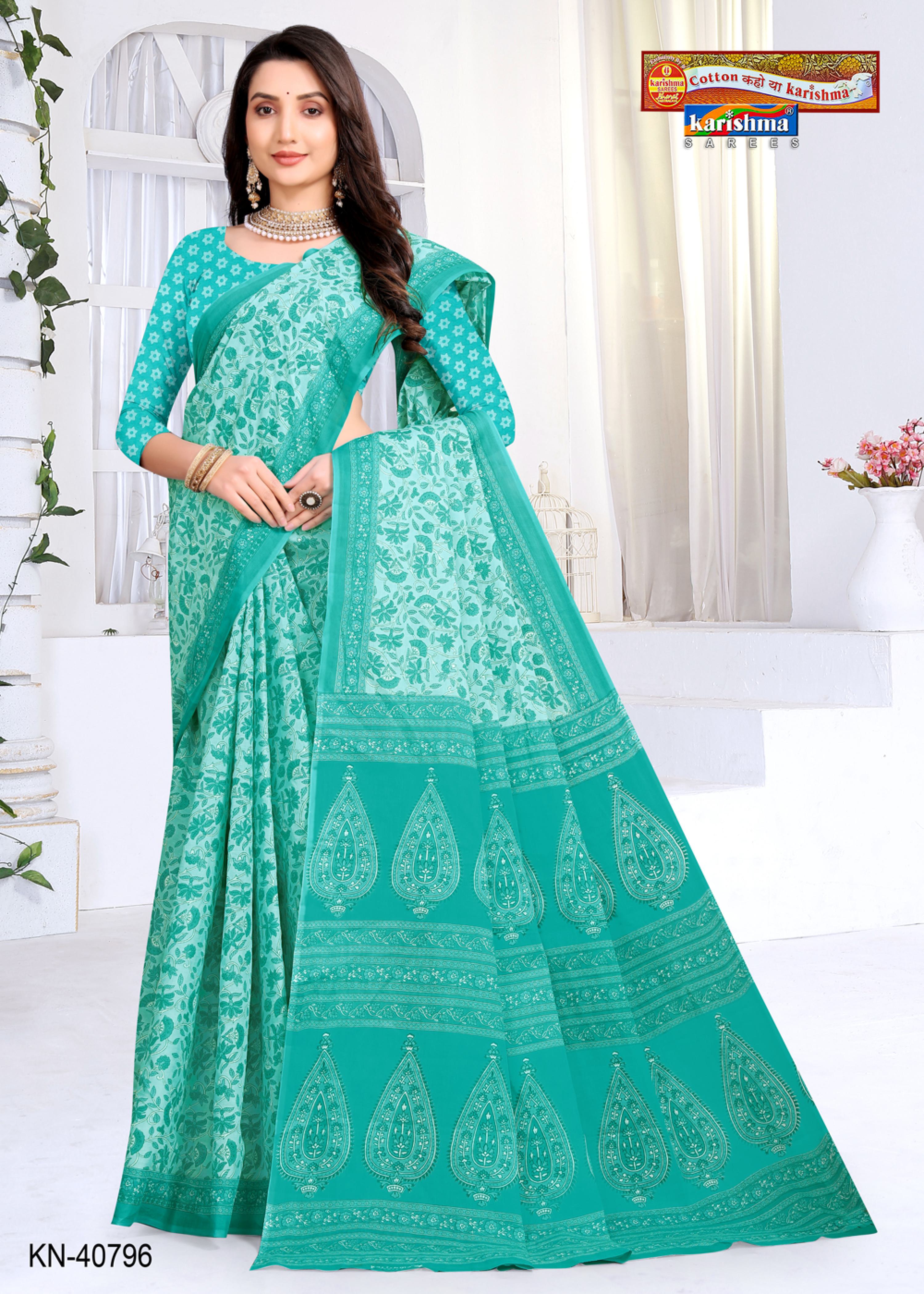 Light Teal Colour Floral Design Pattern Printed Soft Malai Cotton Everyday Wear Saree