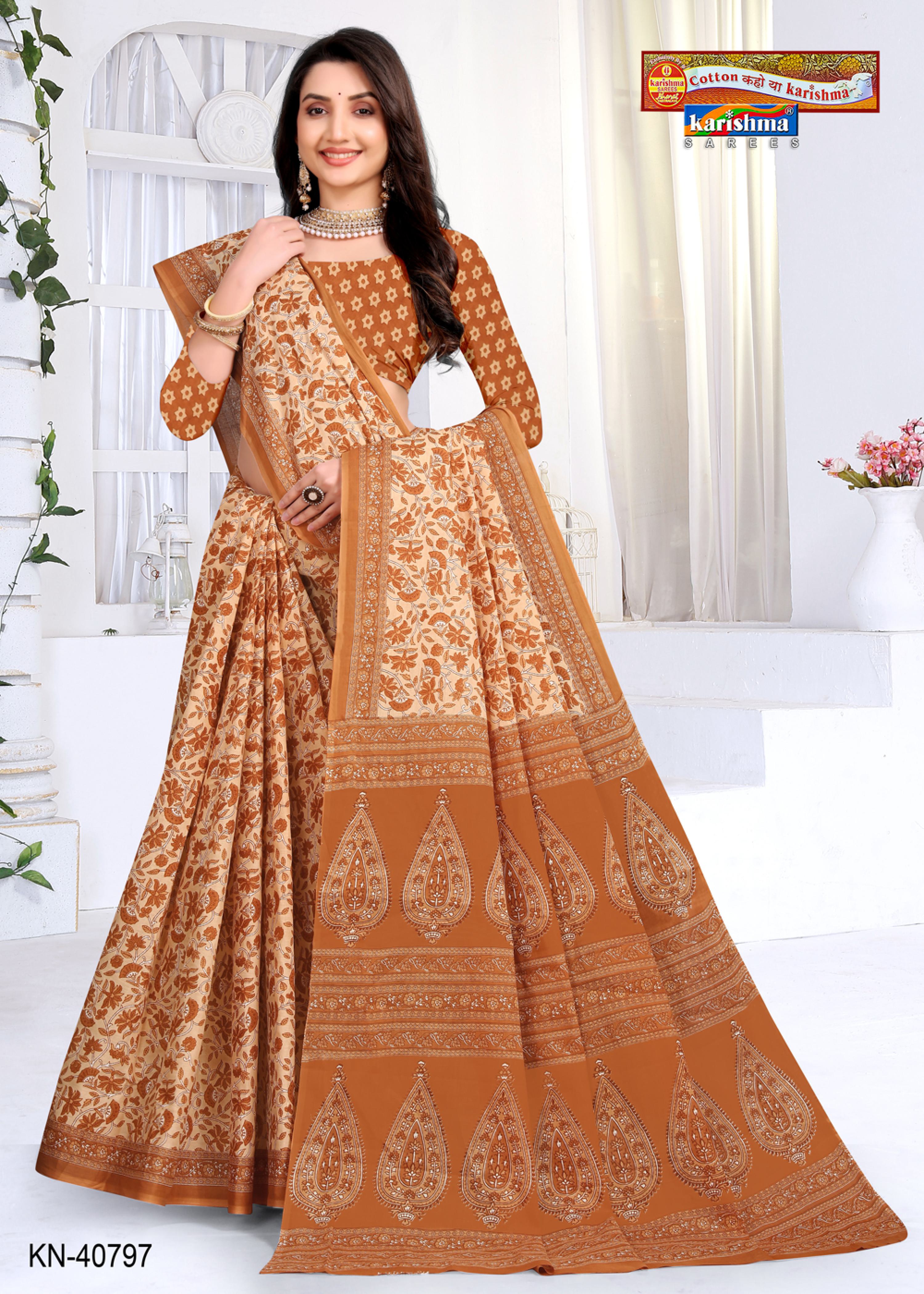 Light Brown Colour Floral Design Pattern Printed Soft Malai Cotton Everyday Wear Saree