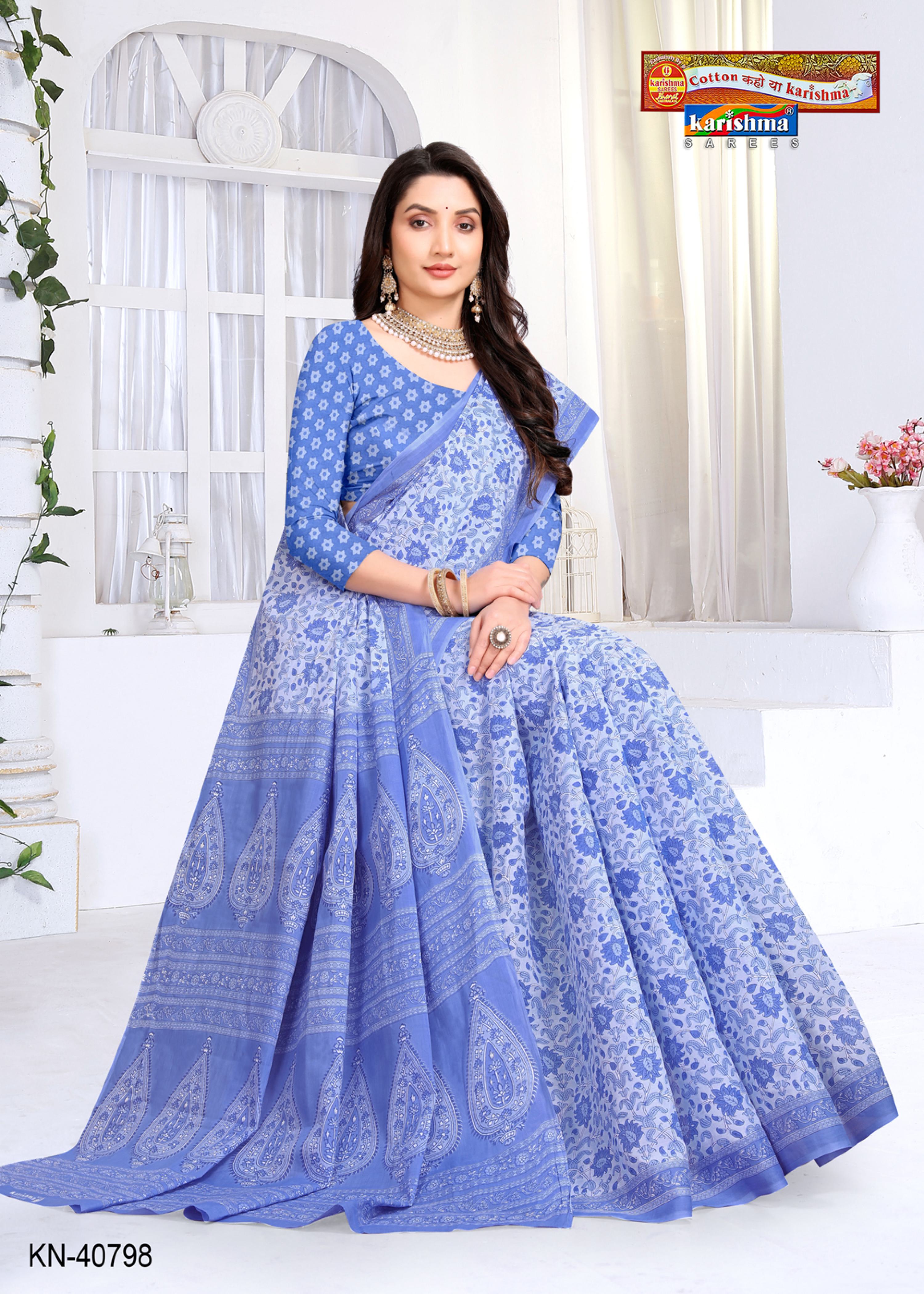 Light Blue Colour Floral Design Pattern Printed Soft Malai Cotton Everyday Wear Saree