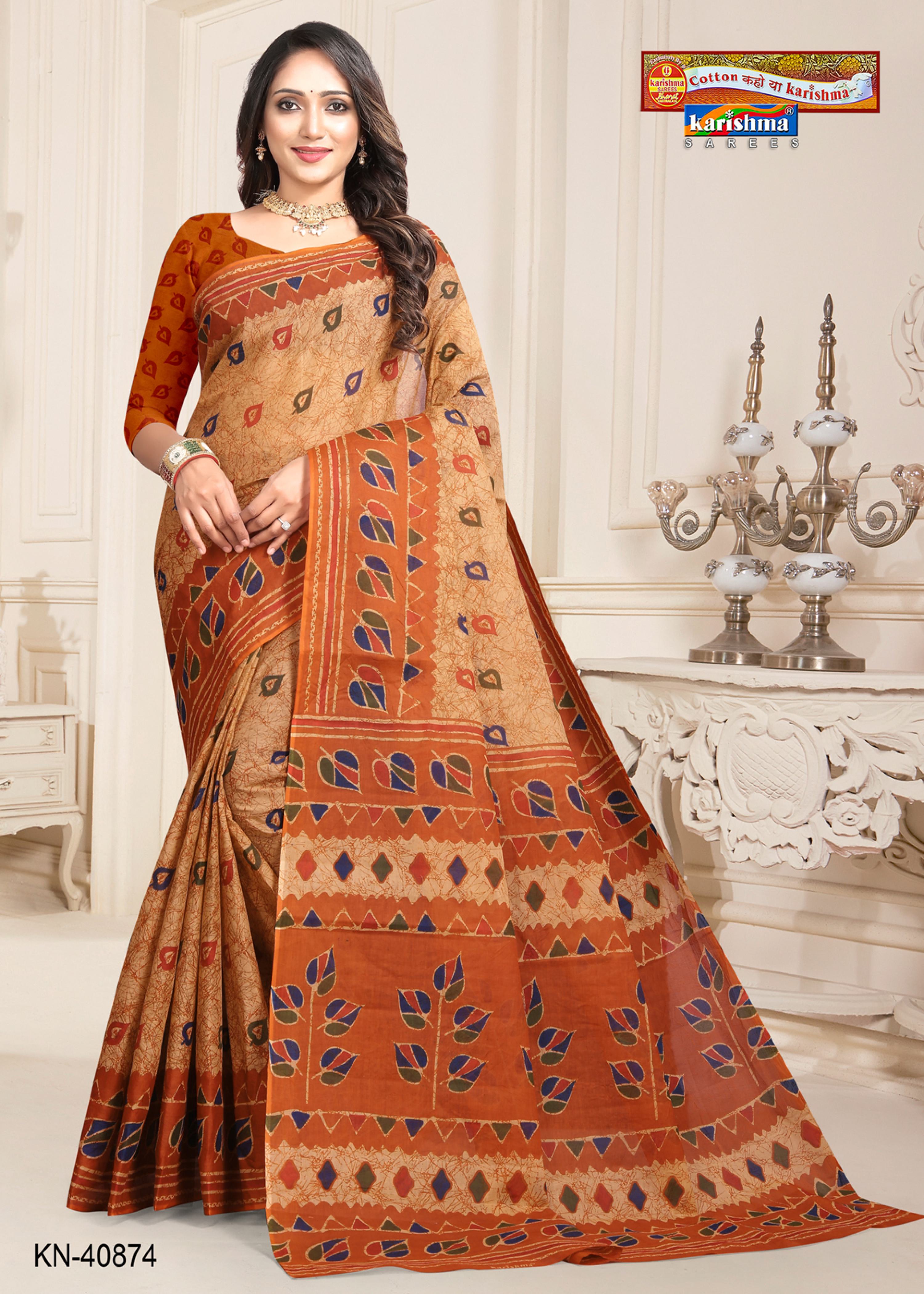 Orange Batik Marble Design Pattern Printed Cotton Everyday Wear Saree