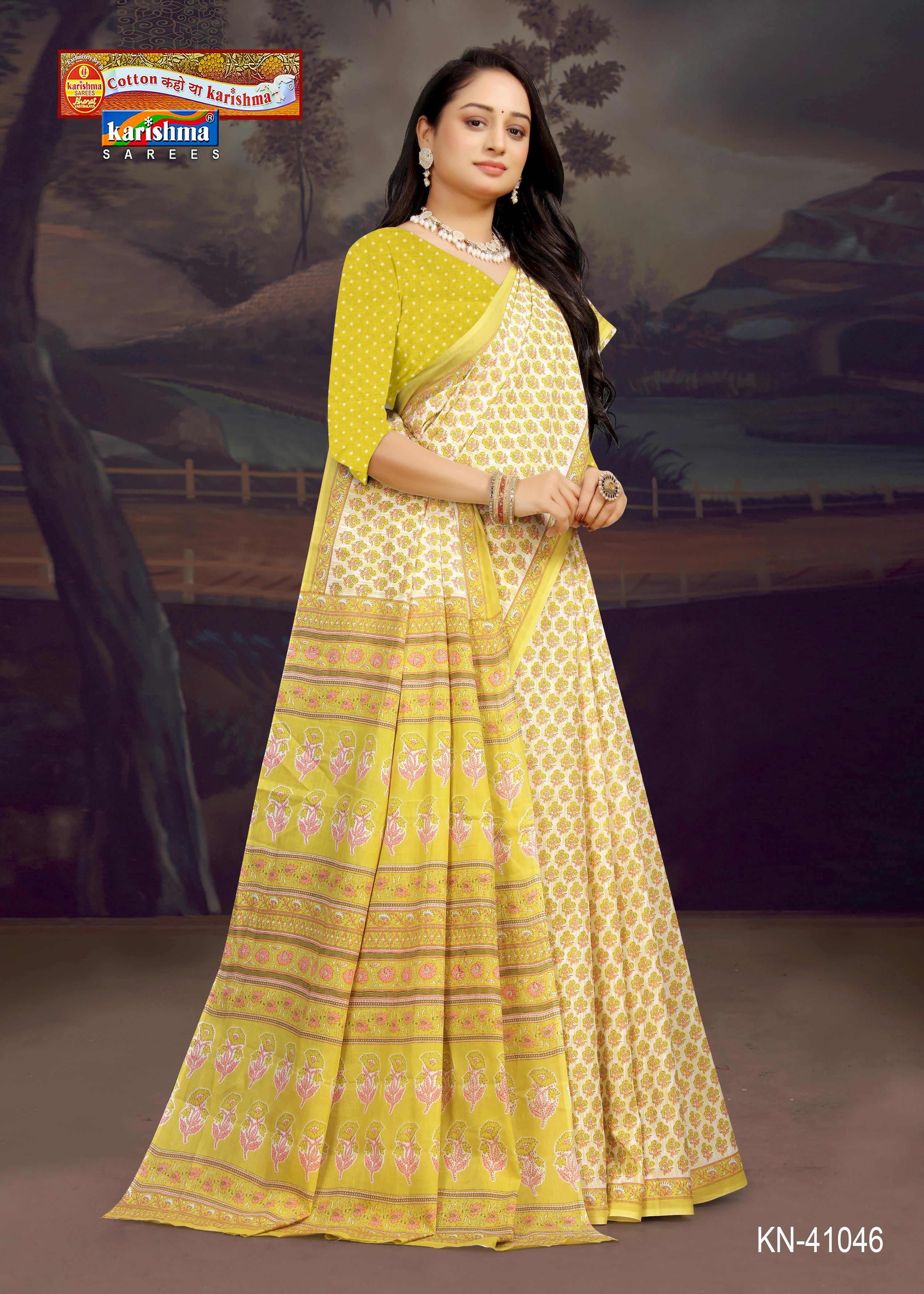 Yellow White Butti Design Pattern Printed Soft Malai Cotton Everyday Wear Saree