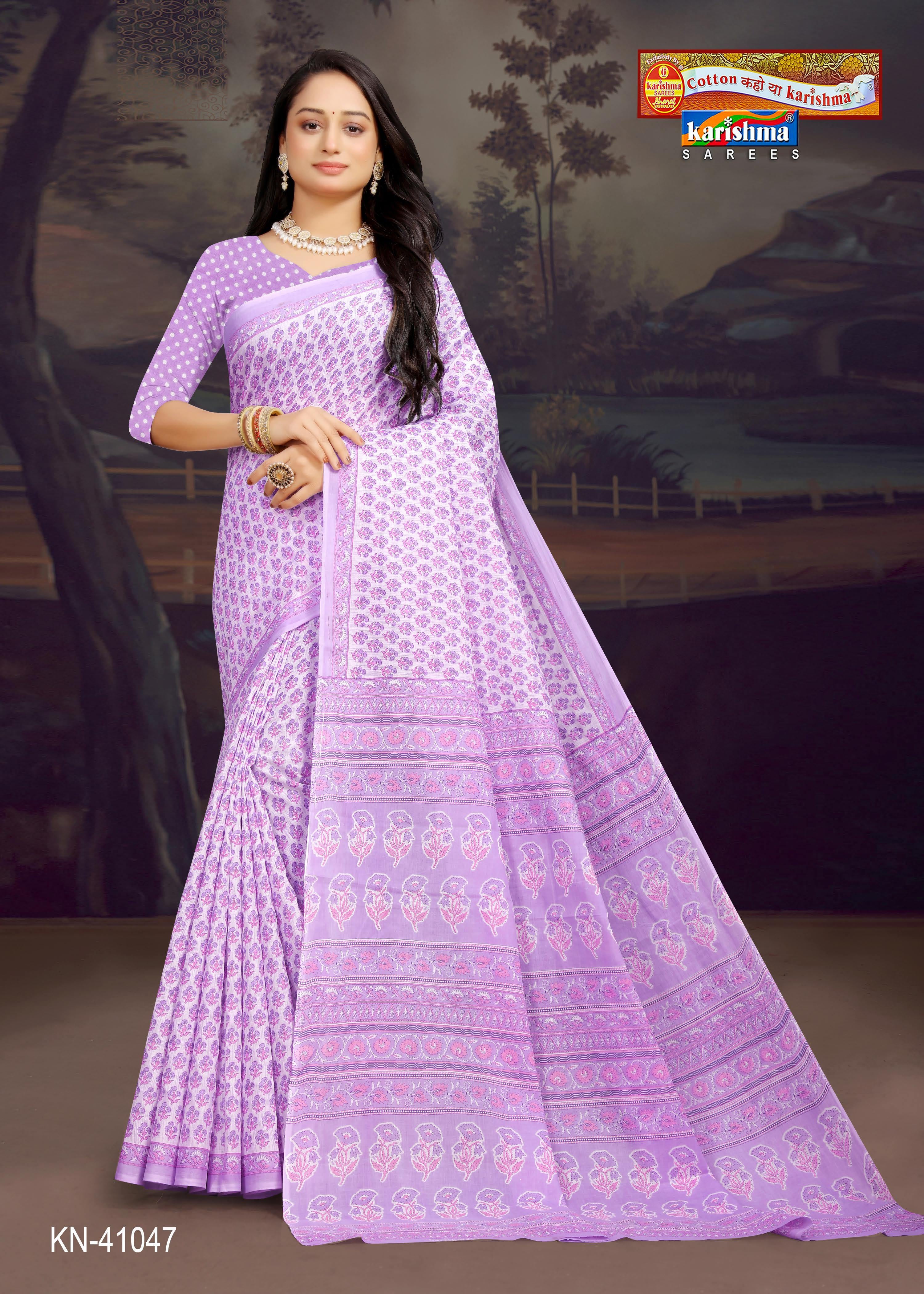 Purple White Butti Design Pattern Printed Soft Malai Cotton Everyday Wear Saree