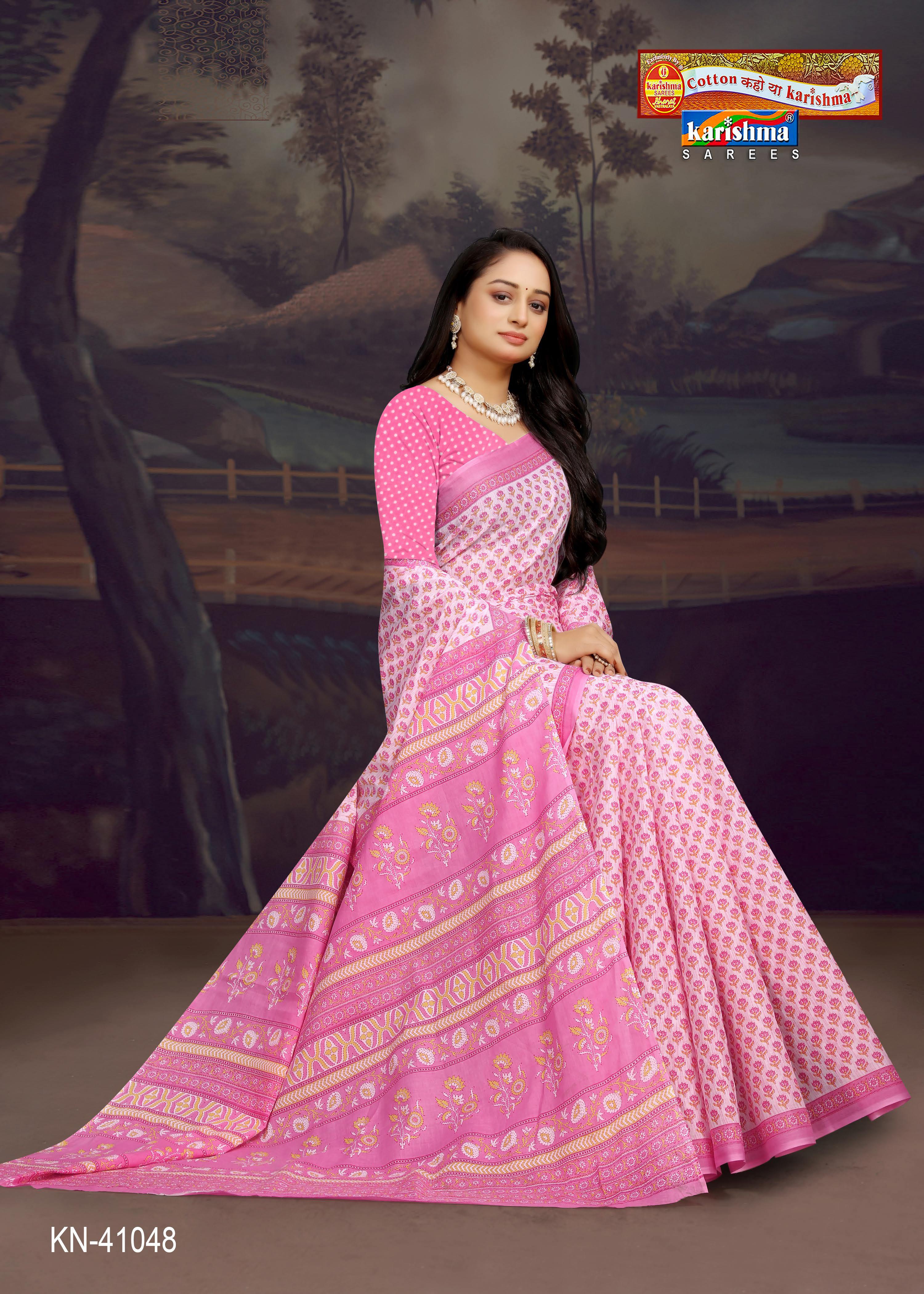 Pink White Butti Design Pattern Printed Soft Malai Cotton Everyday Wear Saree