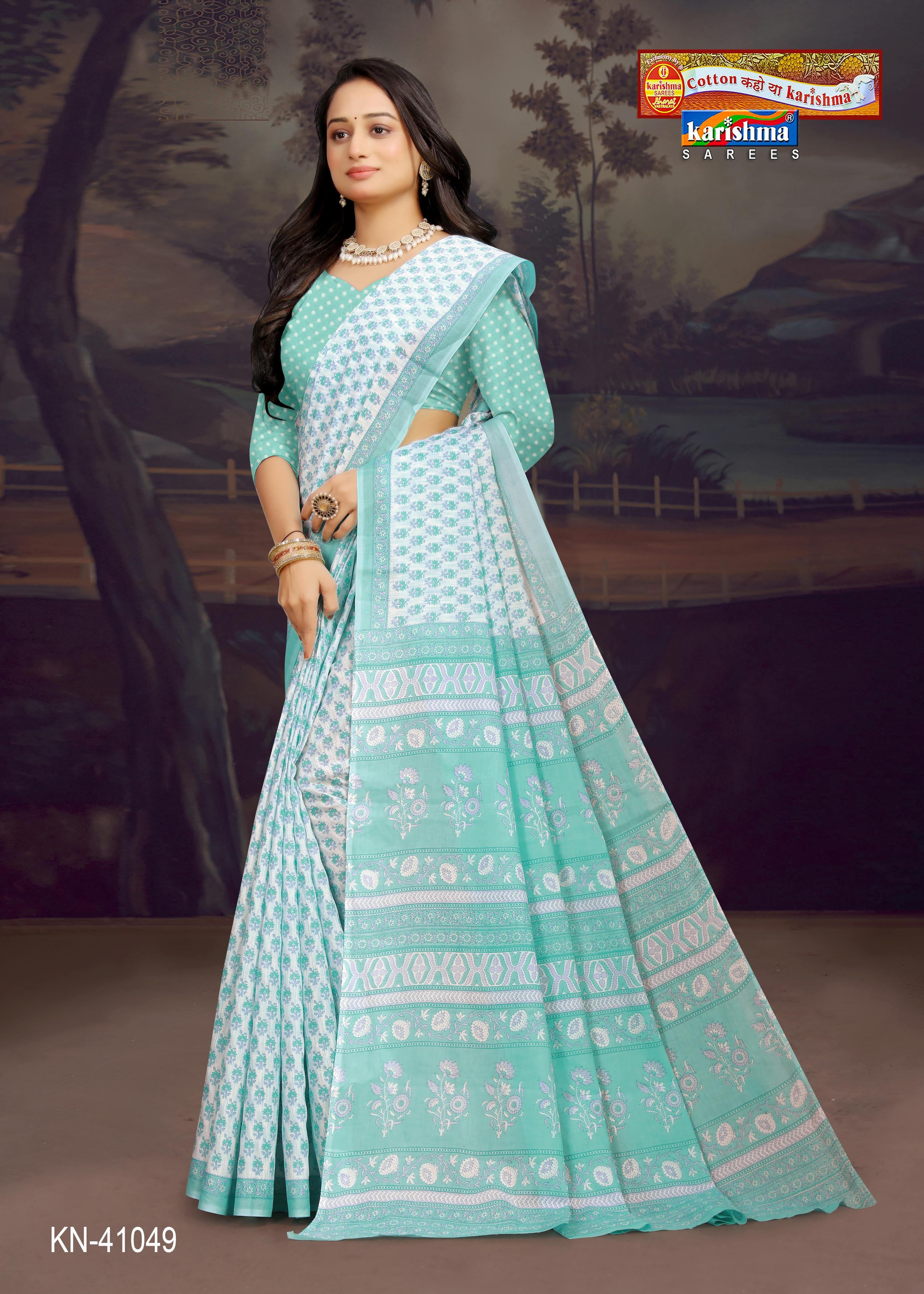 Teal White Butti Design Pattern Printed Soft Malai Cotton Everyday Wear Saree