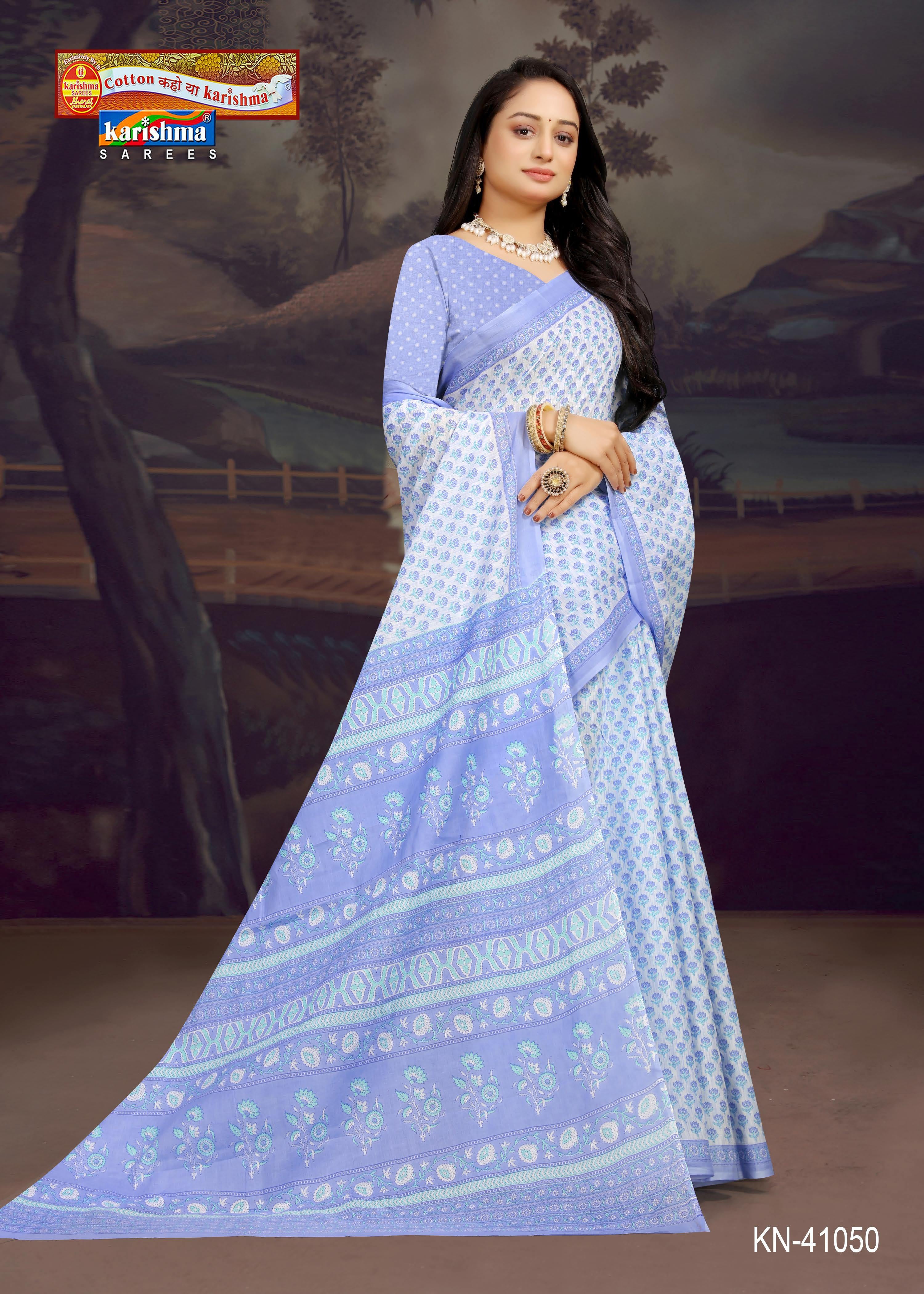 Navy White Butti Design Pattern Printed Soft Malai Cotton Everyday Wear Saree