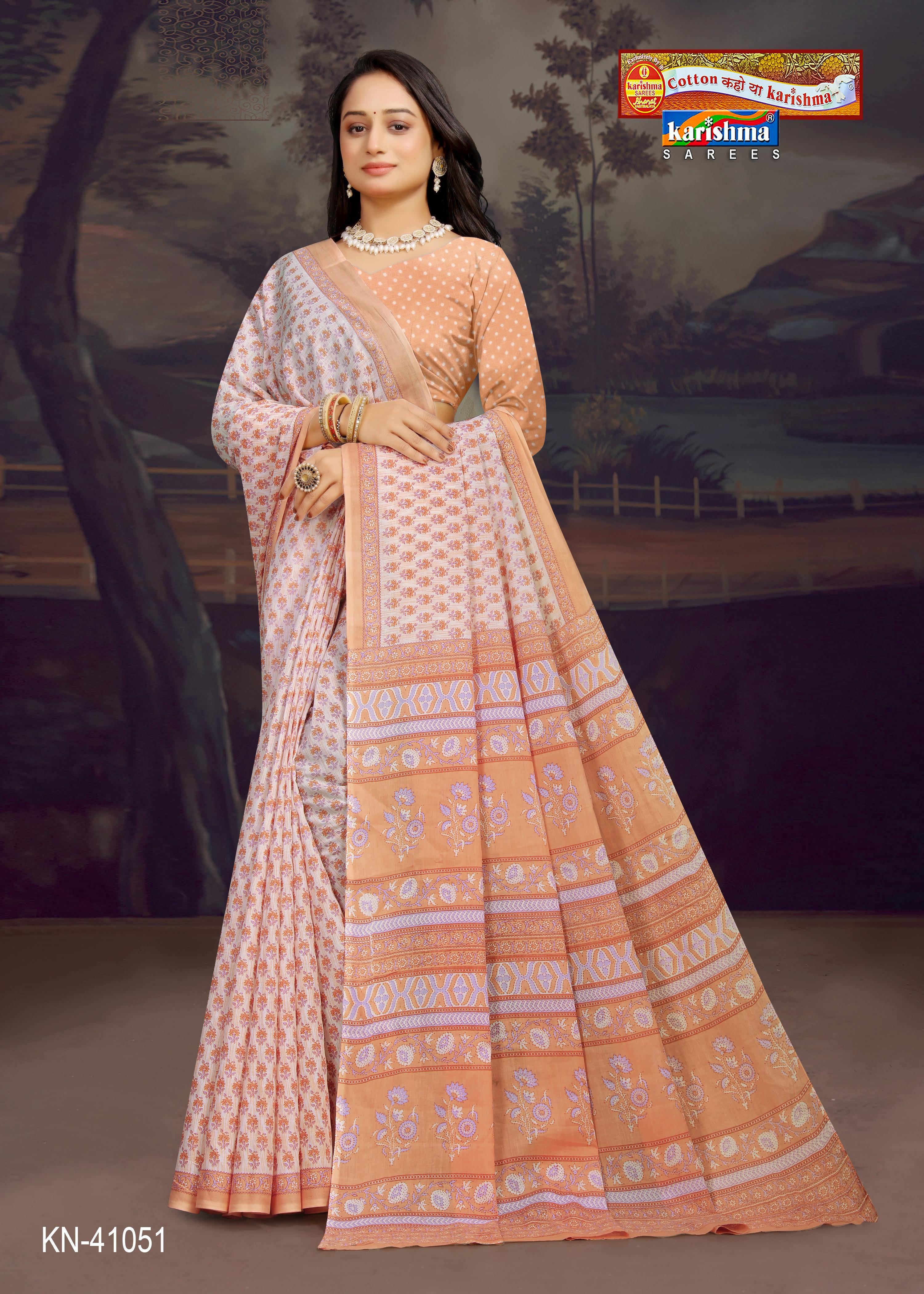 Orange White Butti Design Pattern Printed Soft Malai Cotton Everyday Wear Saree