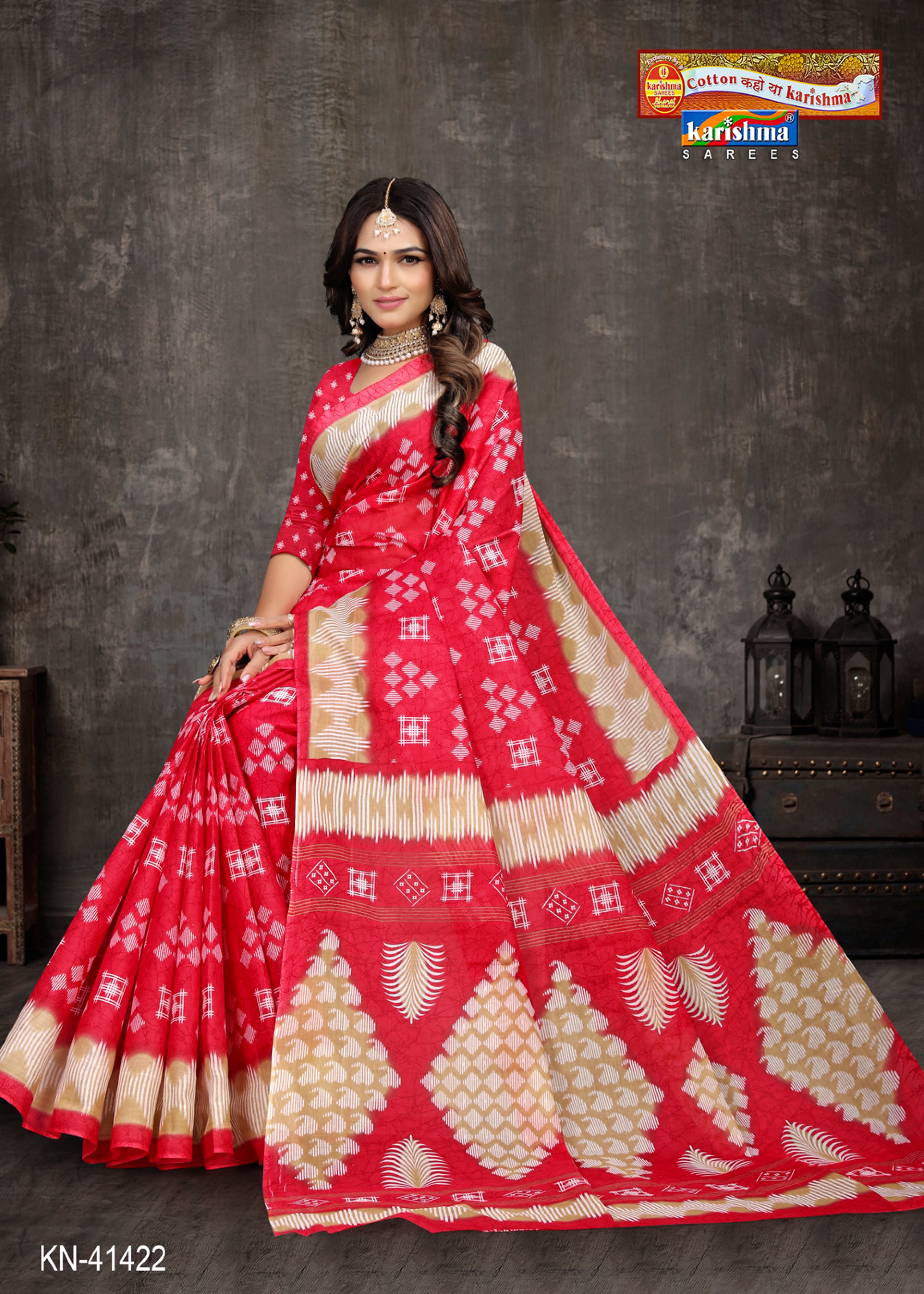 Red Ikat Style Pure Cotton Printed Everyday Wear Saree