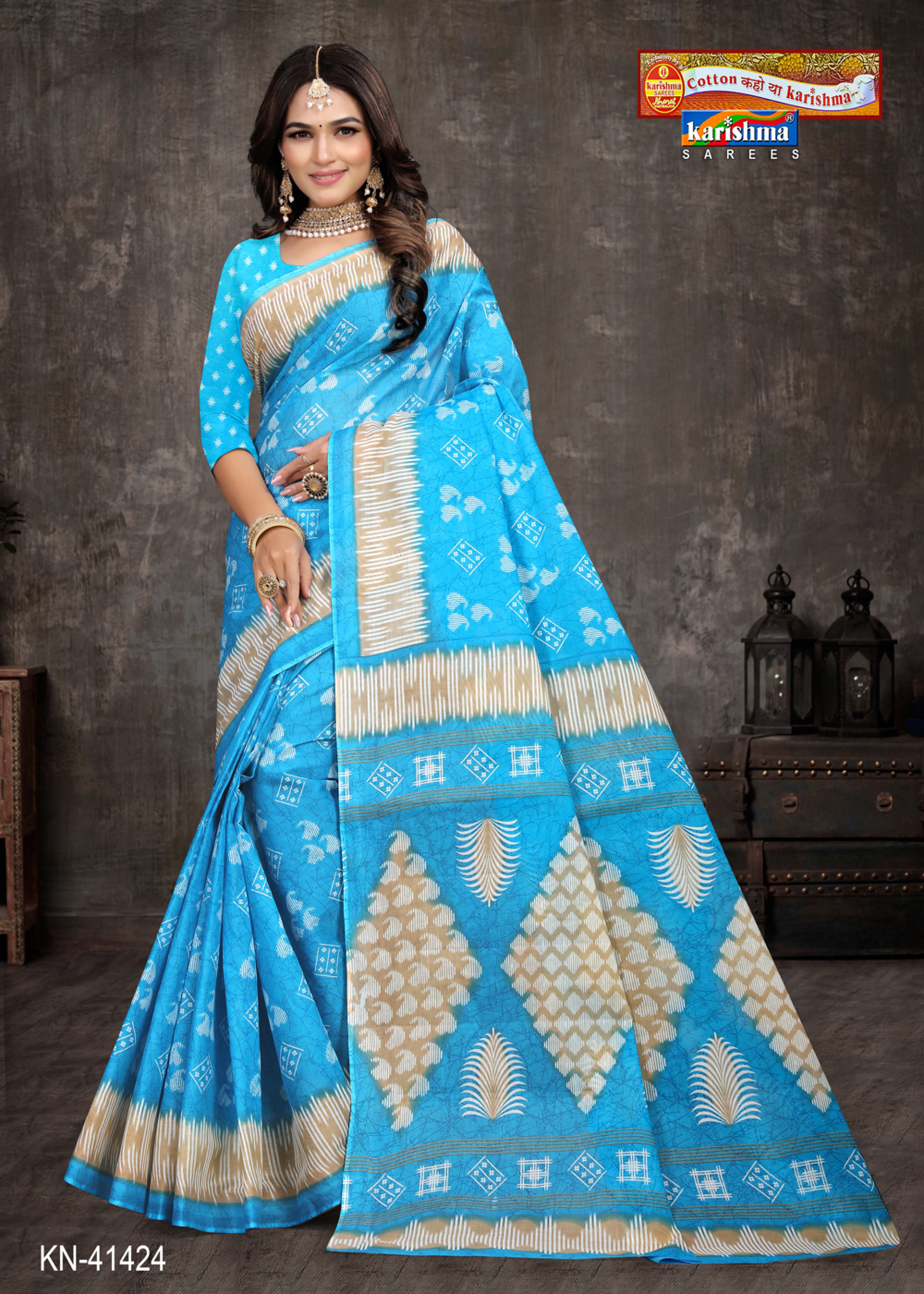 Blue Ikat Style Pure Cotton Printed Everyday Wear Saree