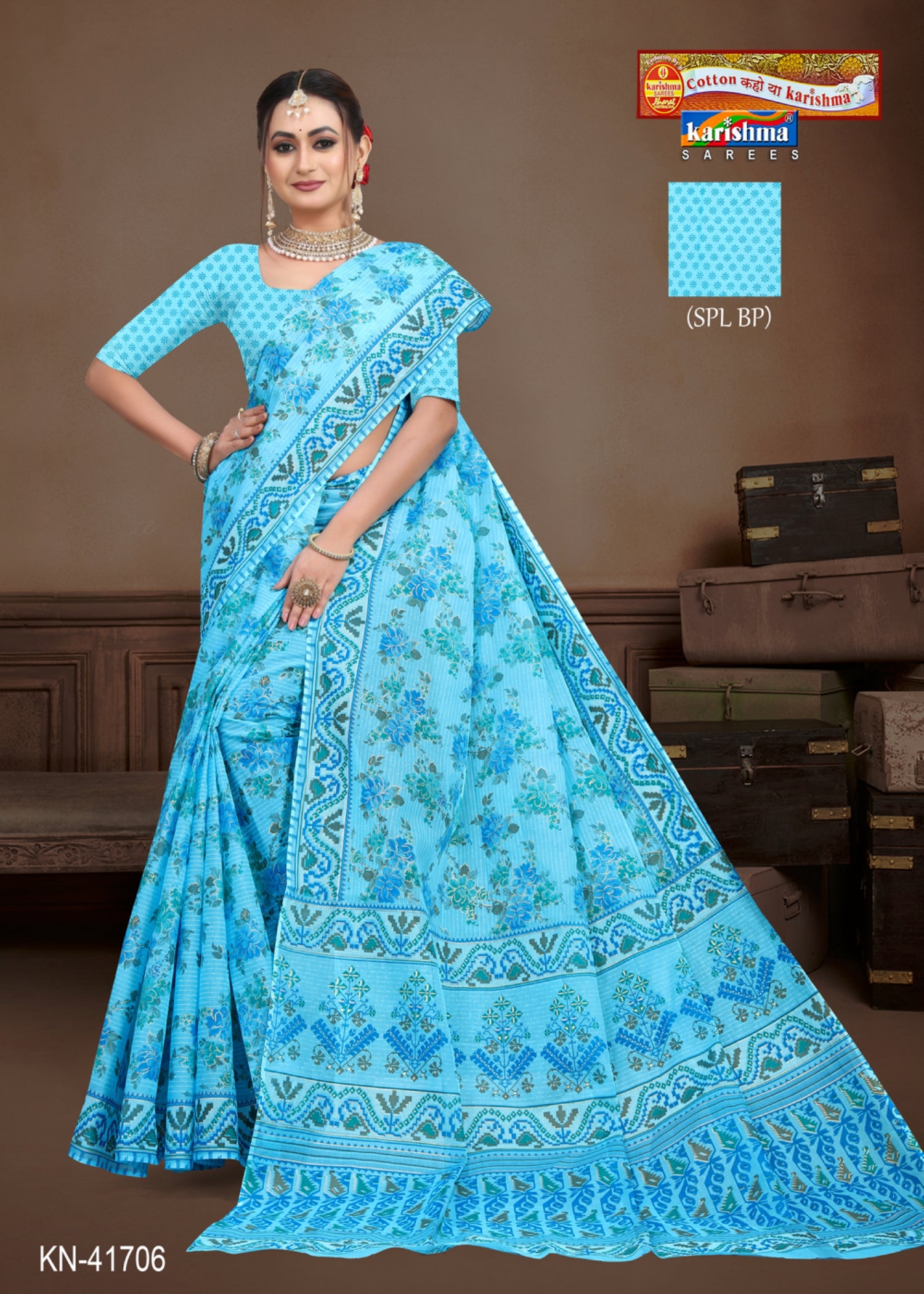 Blue Pure Cotton (Medium Soft) Saree With Floral Design