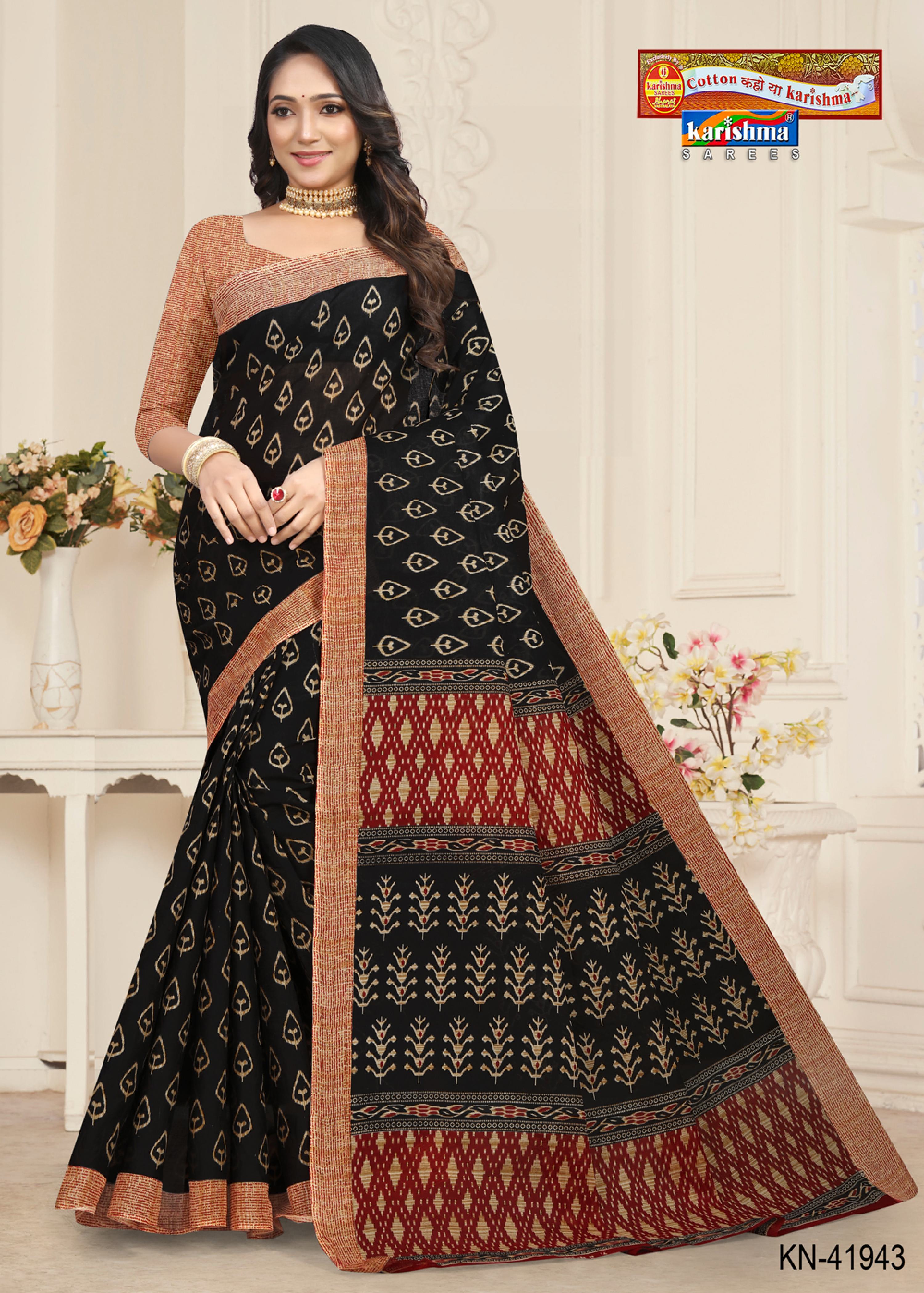 Black Ikat Handloom Style Printed Pure Cotton Saree