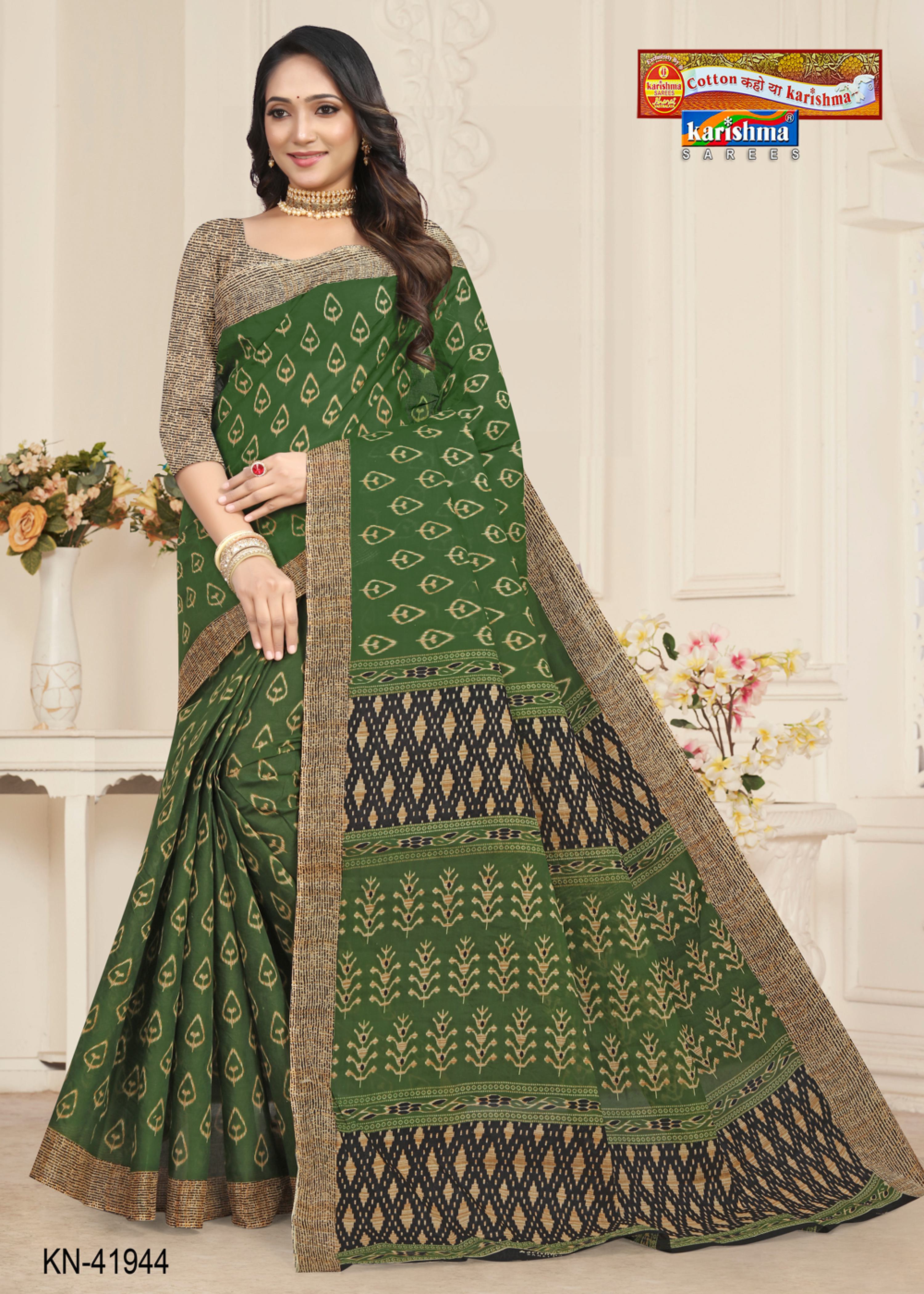 Olive Ikat Handloom Style Printed Pure Cotton Saree