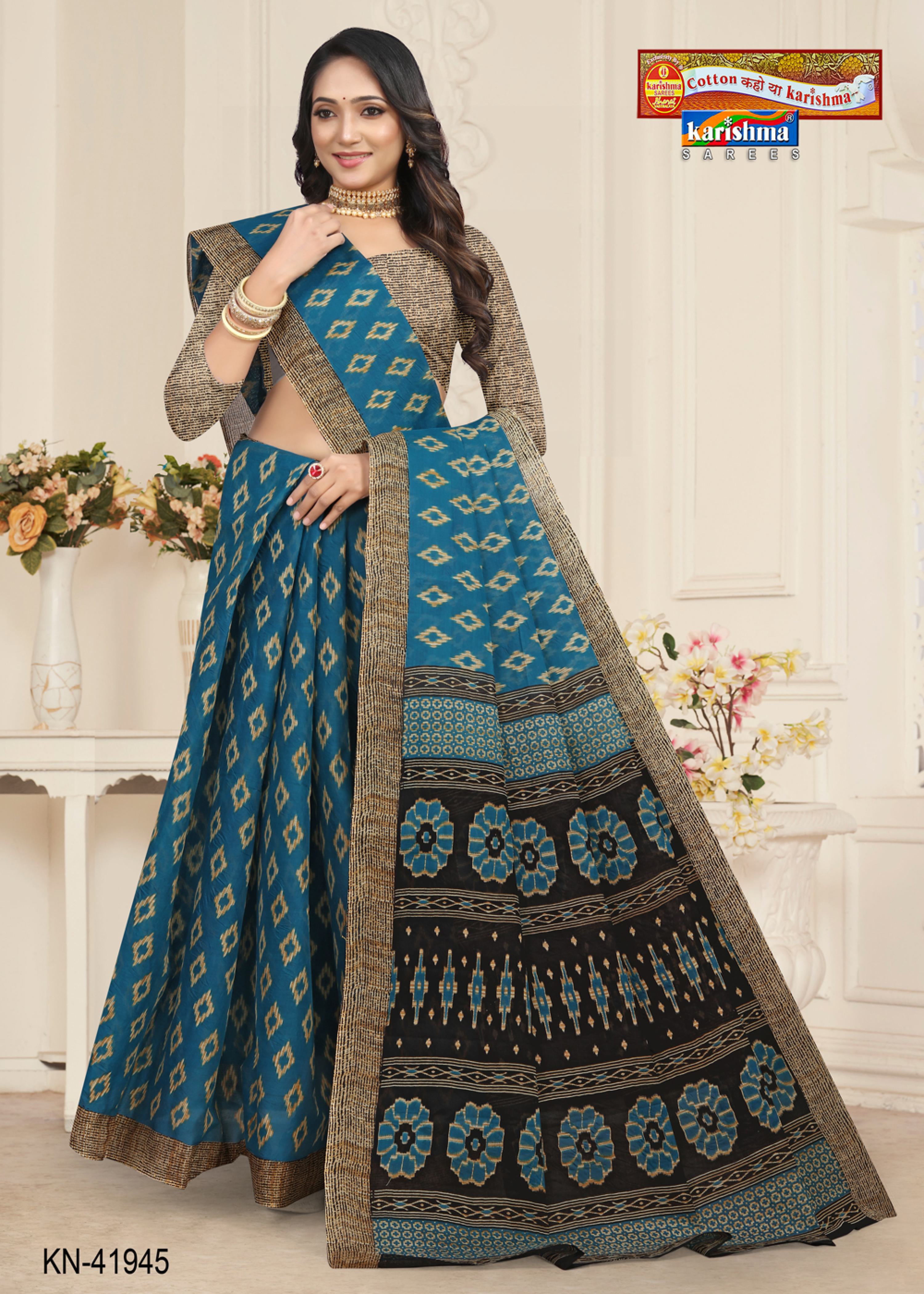 Blue Ikat Handloom Style Printed Pure Cotton Saree