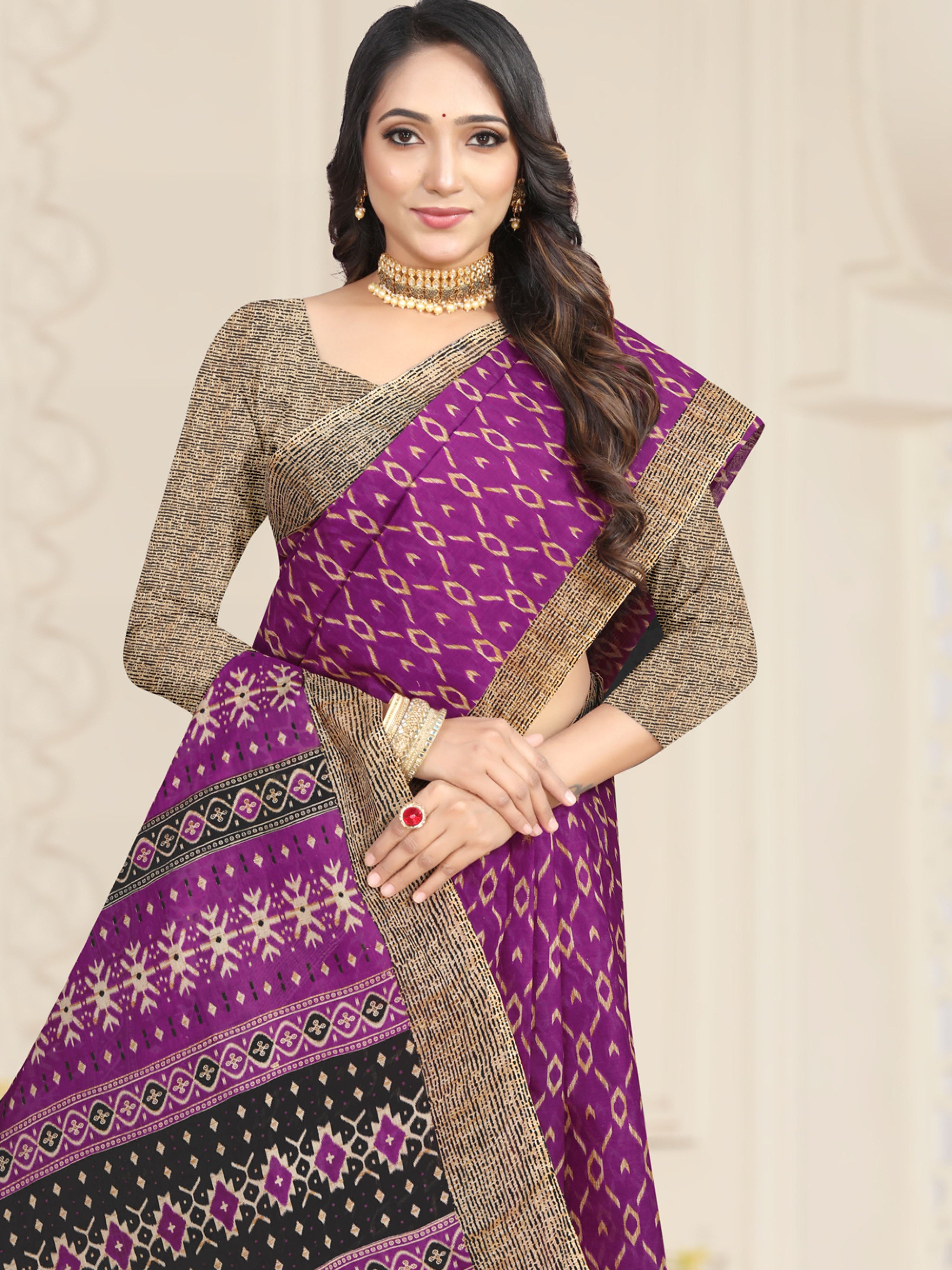 Purple Ikat Handloom Style Printed Pure Cotton Saree