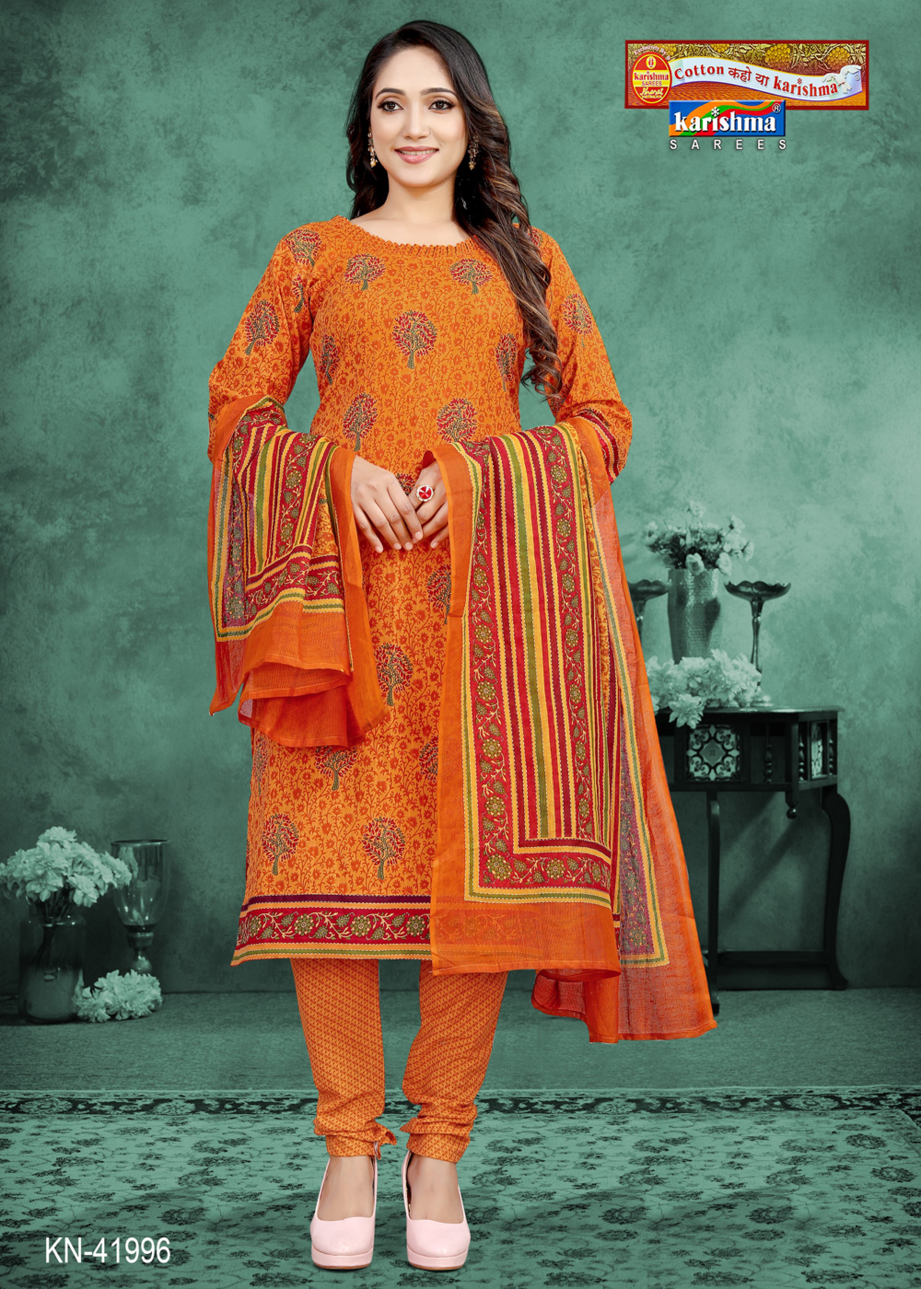 Orange Jaipuri Print Design Pure Cotton Unstitched Dress Material Set