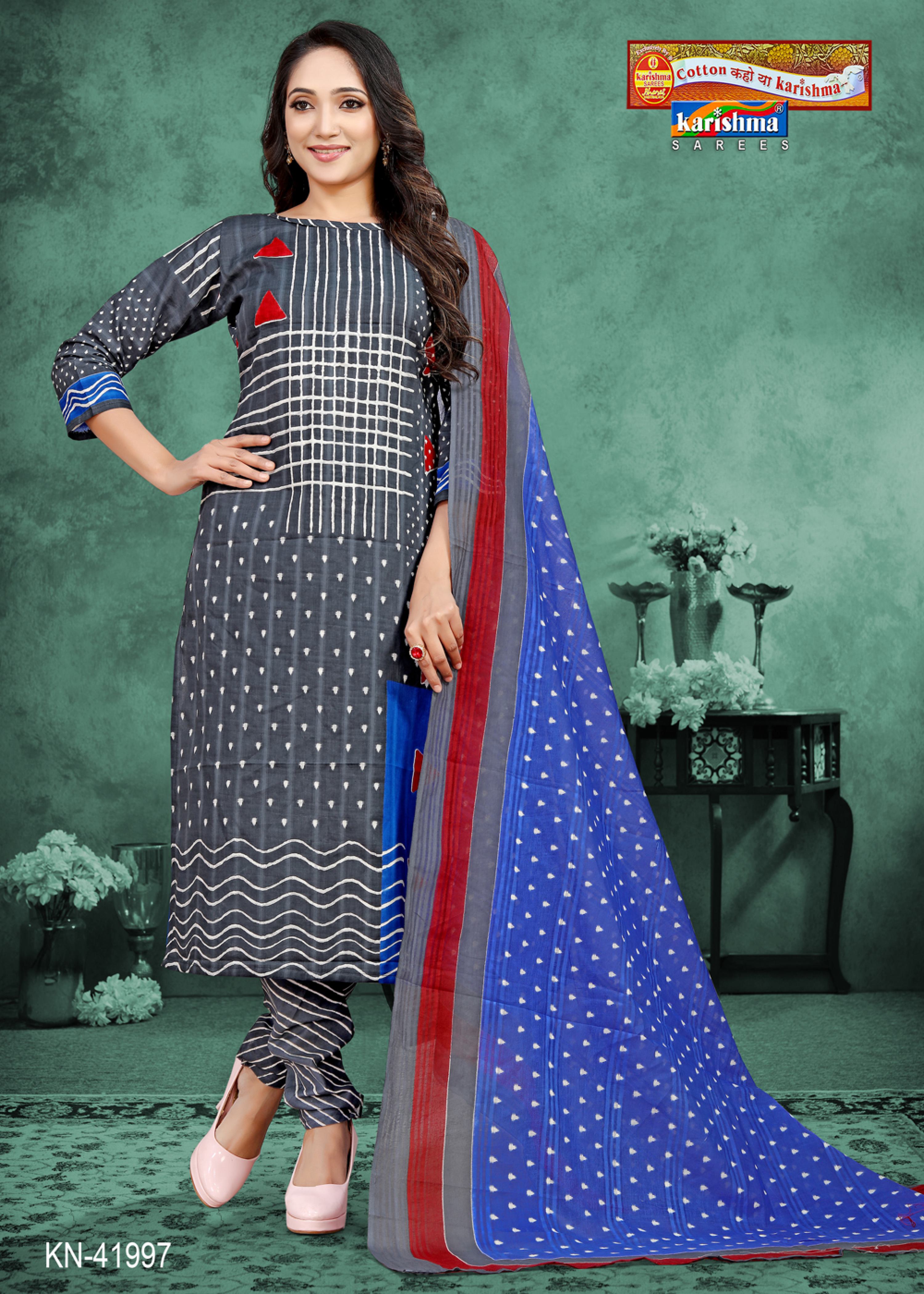 Grey Jaipuri Print Design Pure Cotton Unstitched Dress Material Set