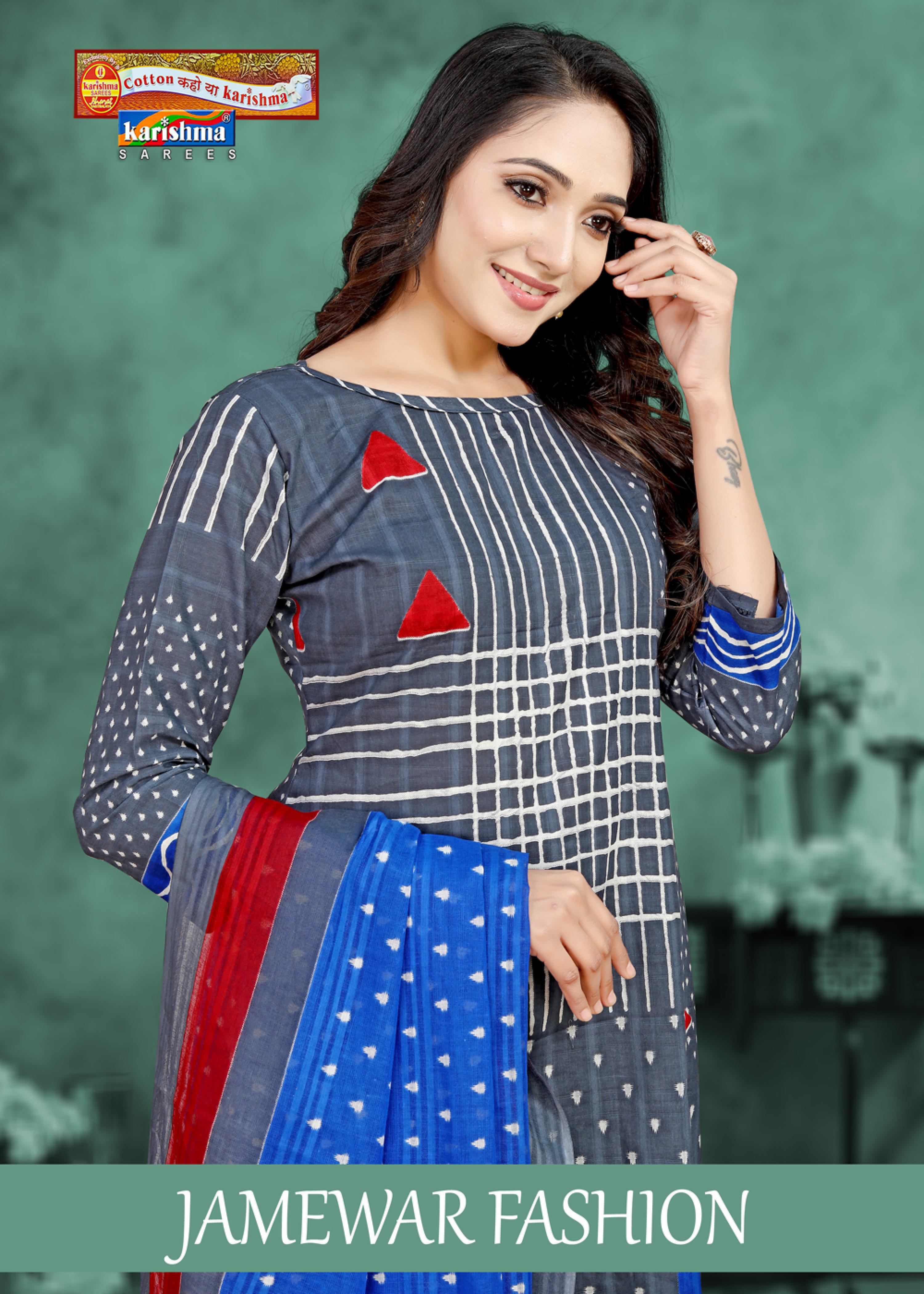 Grey Jaipuri Print Design Pure Cotton Unstitched Dress Material Set