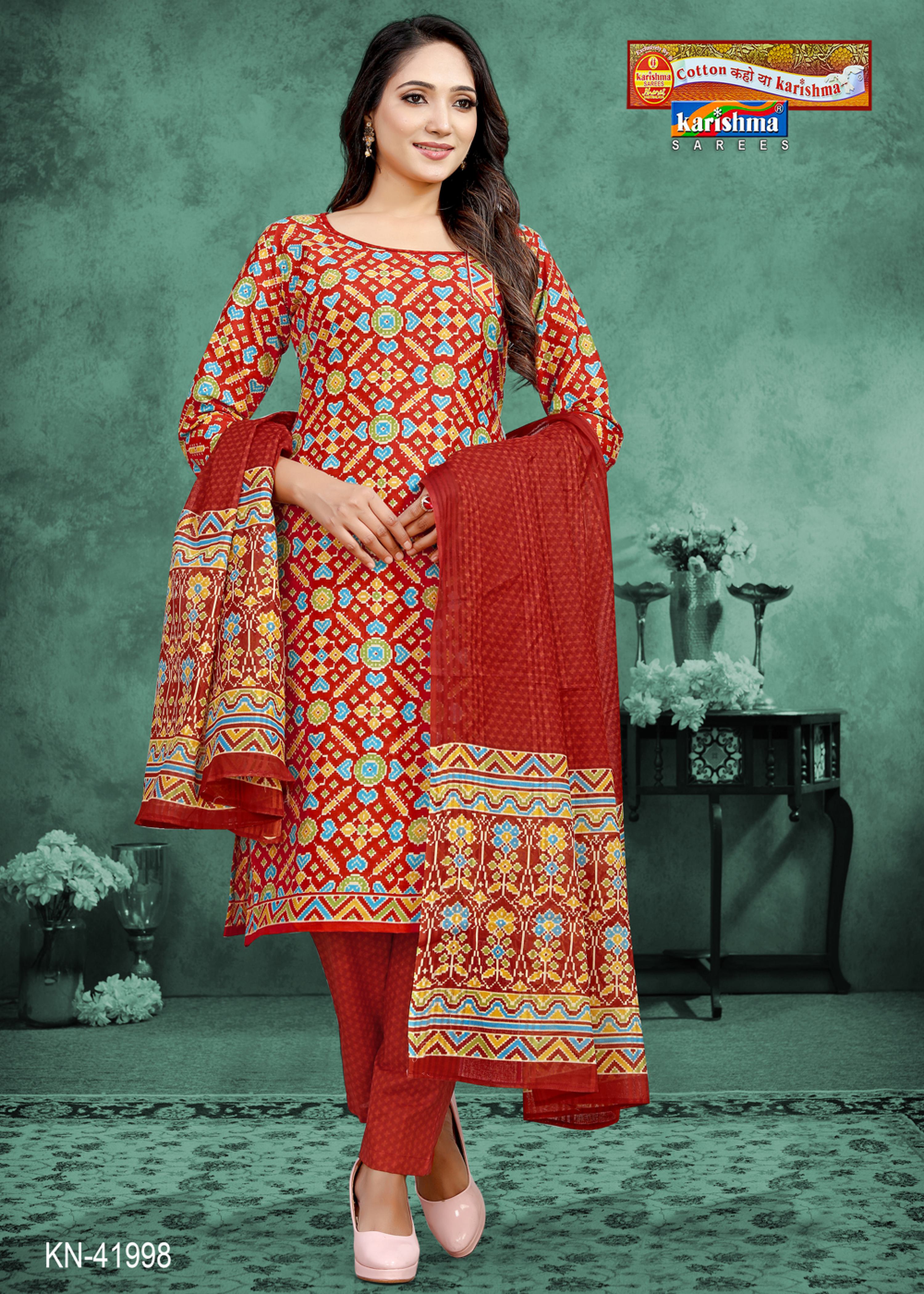 Red Jaipuri Print Design Pure Cotton Unstitched Dress Material Set