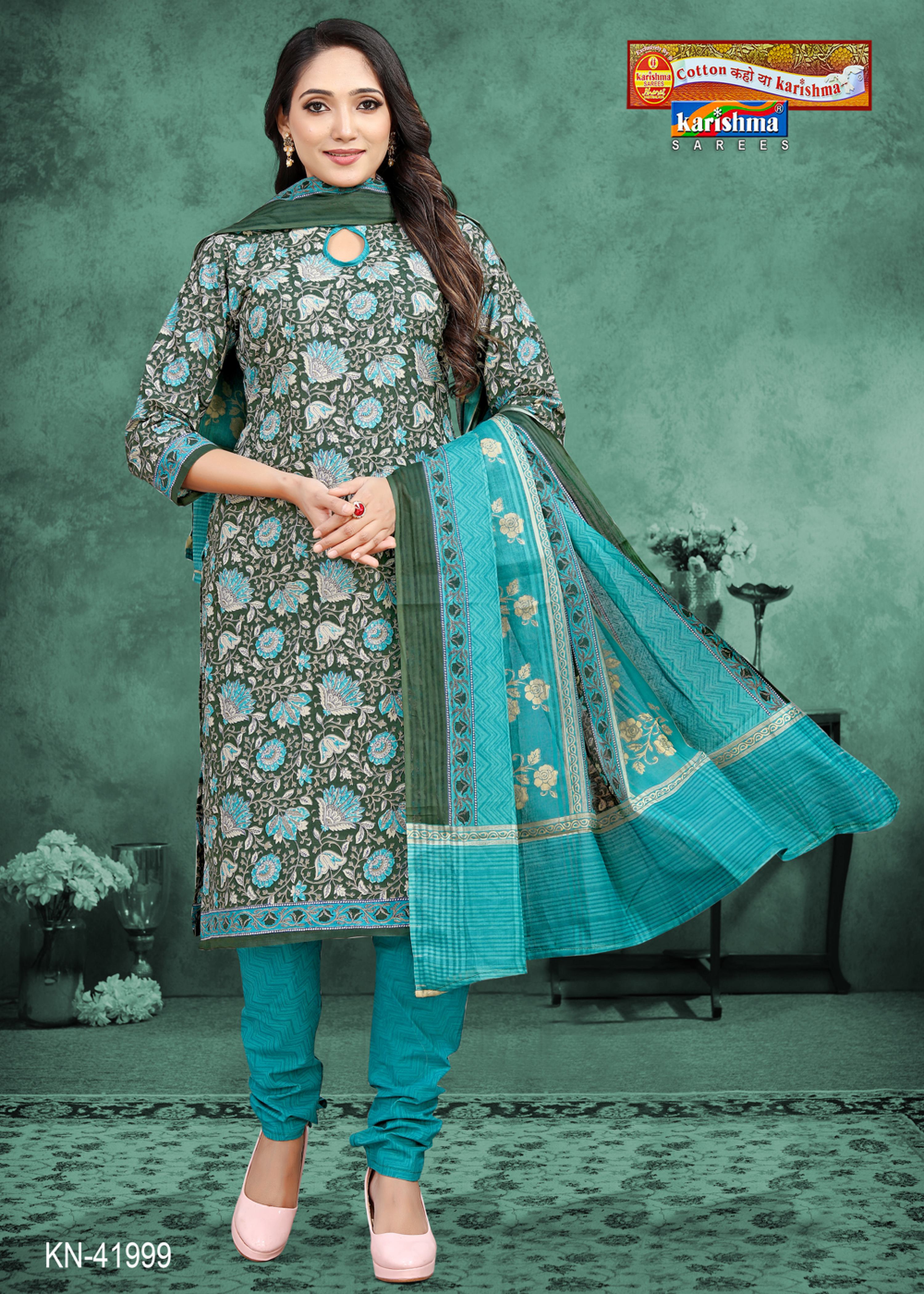 Teal Jaipuri Print Design Pure Cotton Unstitched Dress Material Set