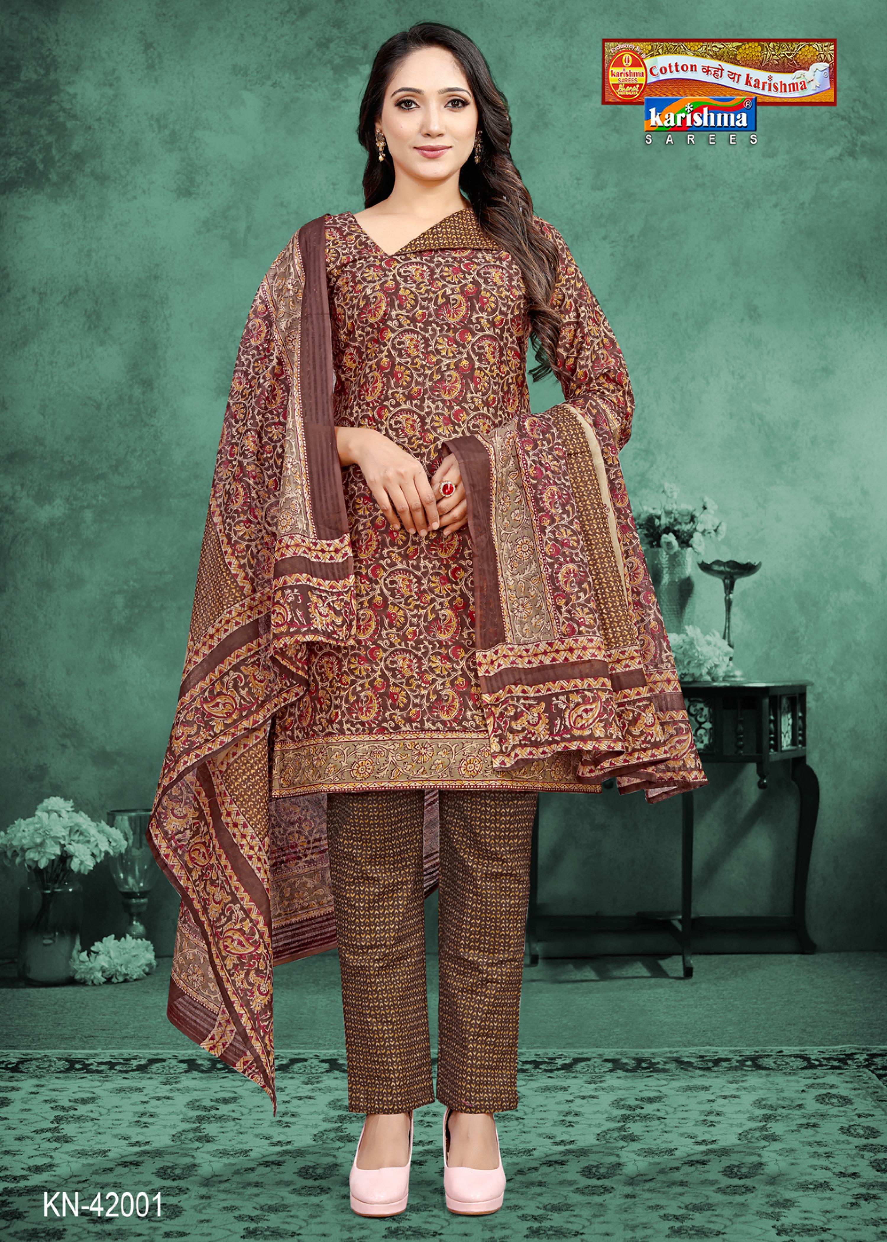 Brown Jaipuri Print Design Pure Cotton Unstitched Dress Material Set