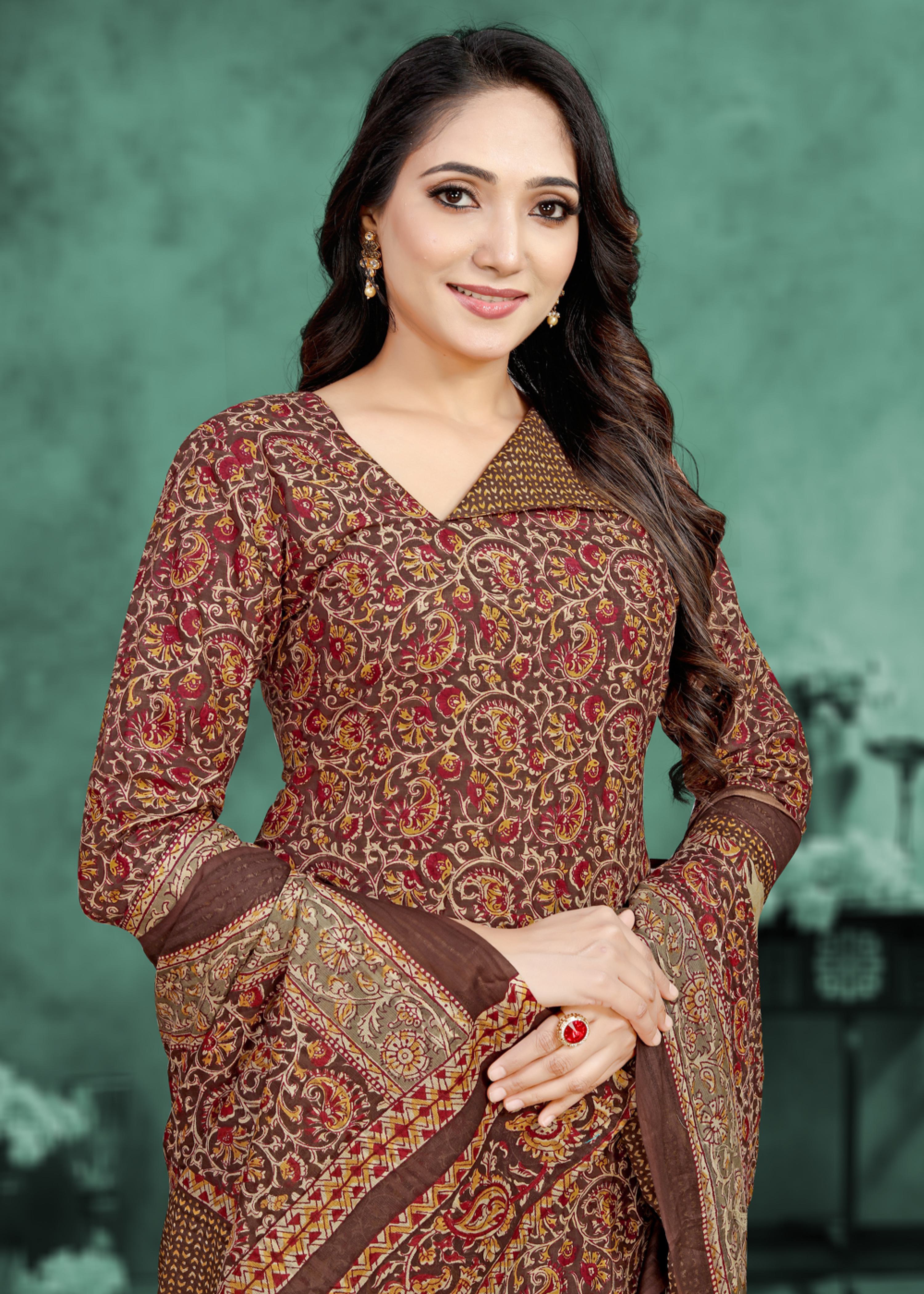 Brown Jaipuri Print Design Pure Cotton Unstitched Dress Material Set