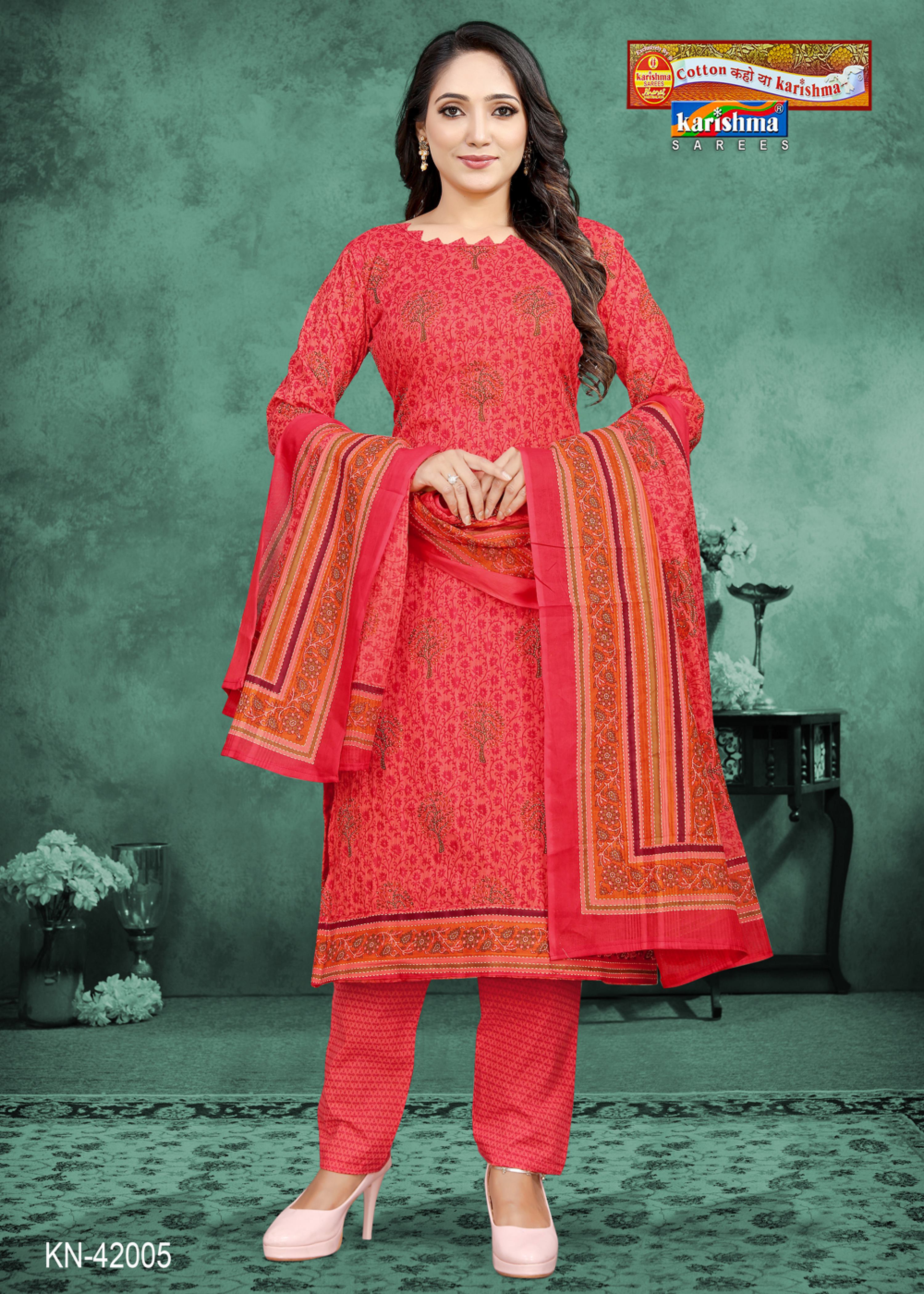 Peach Jaipuri Print Design Pure Cotton Unstitched Dress Material Set