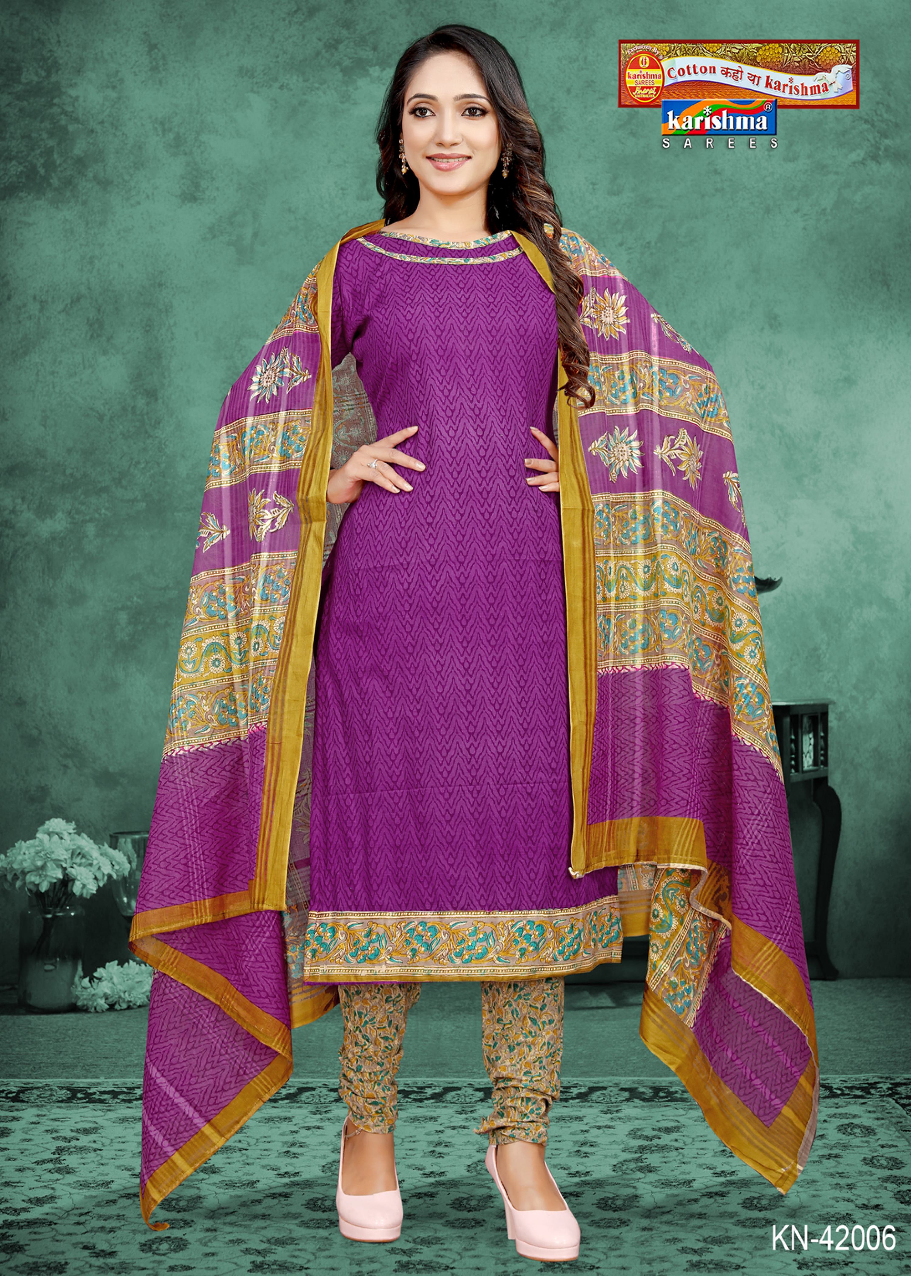 Purple Jaipuri Print Design Pure Cotton Unstitched Dress Material Set