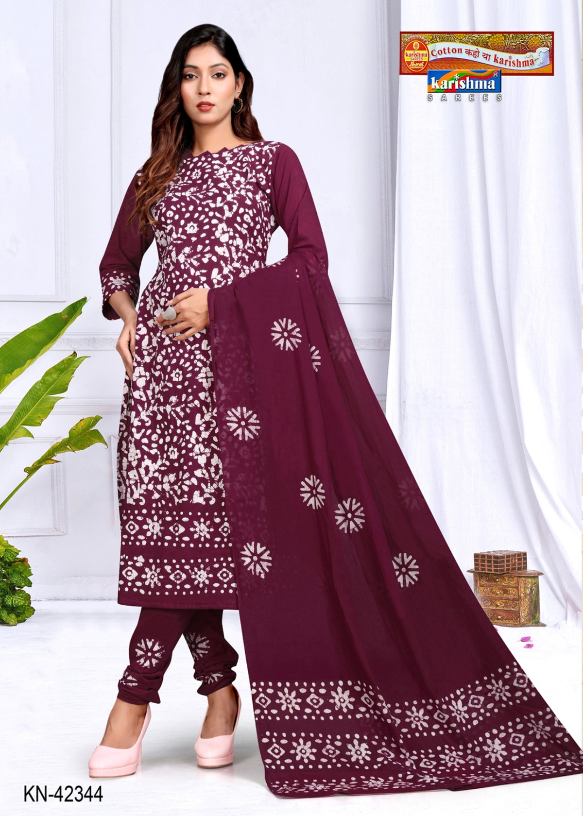 Wine Pure Cotton Soft Unstitched Dress Material With Batik Print & Attached Dupatta