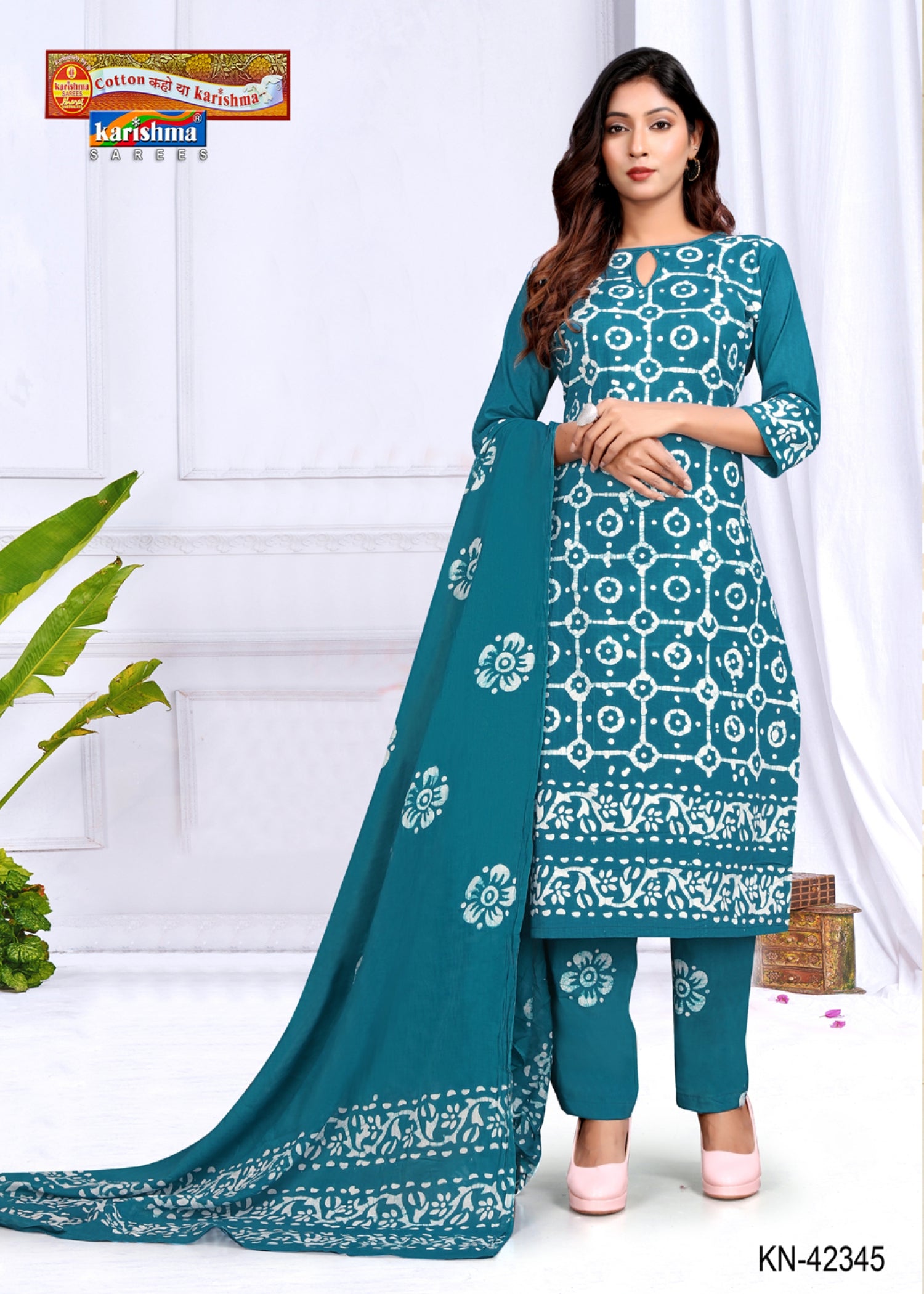 Blue Pure Cotton Soft Unstitched Dress Material With Batik Print & Attached Dupatta