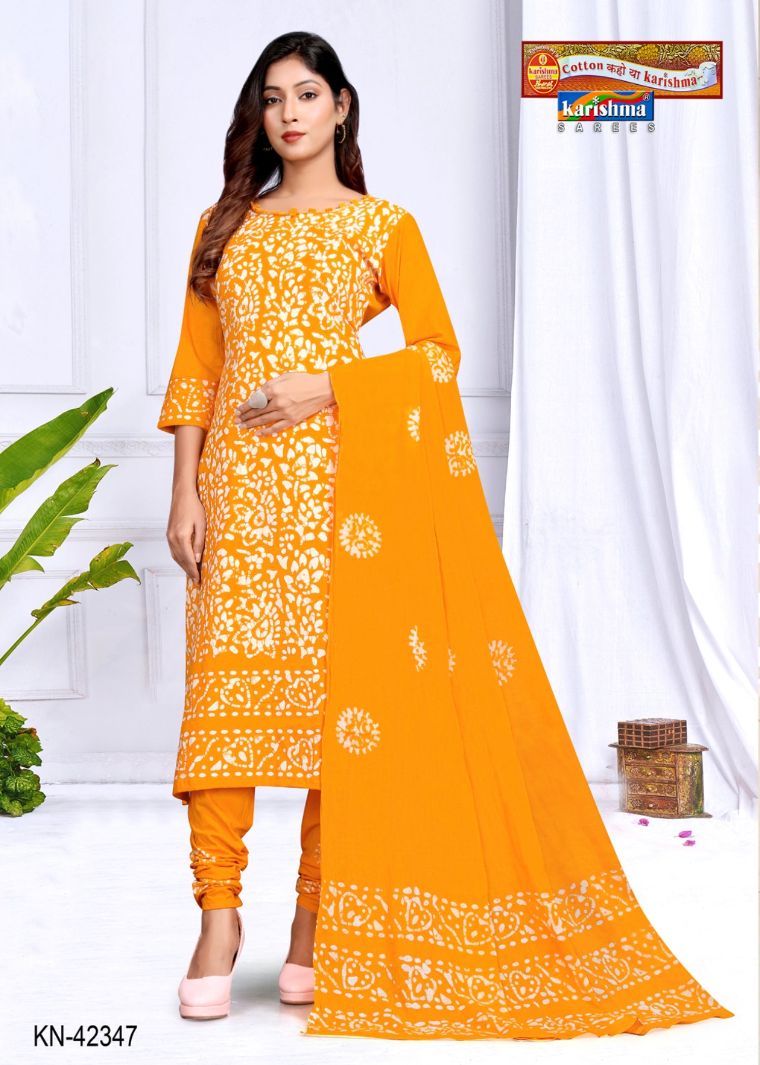 Yellow Pure Cotton Soft Unstitched Dress Material With Batik Print & Attached Dupatta