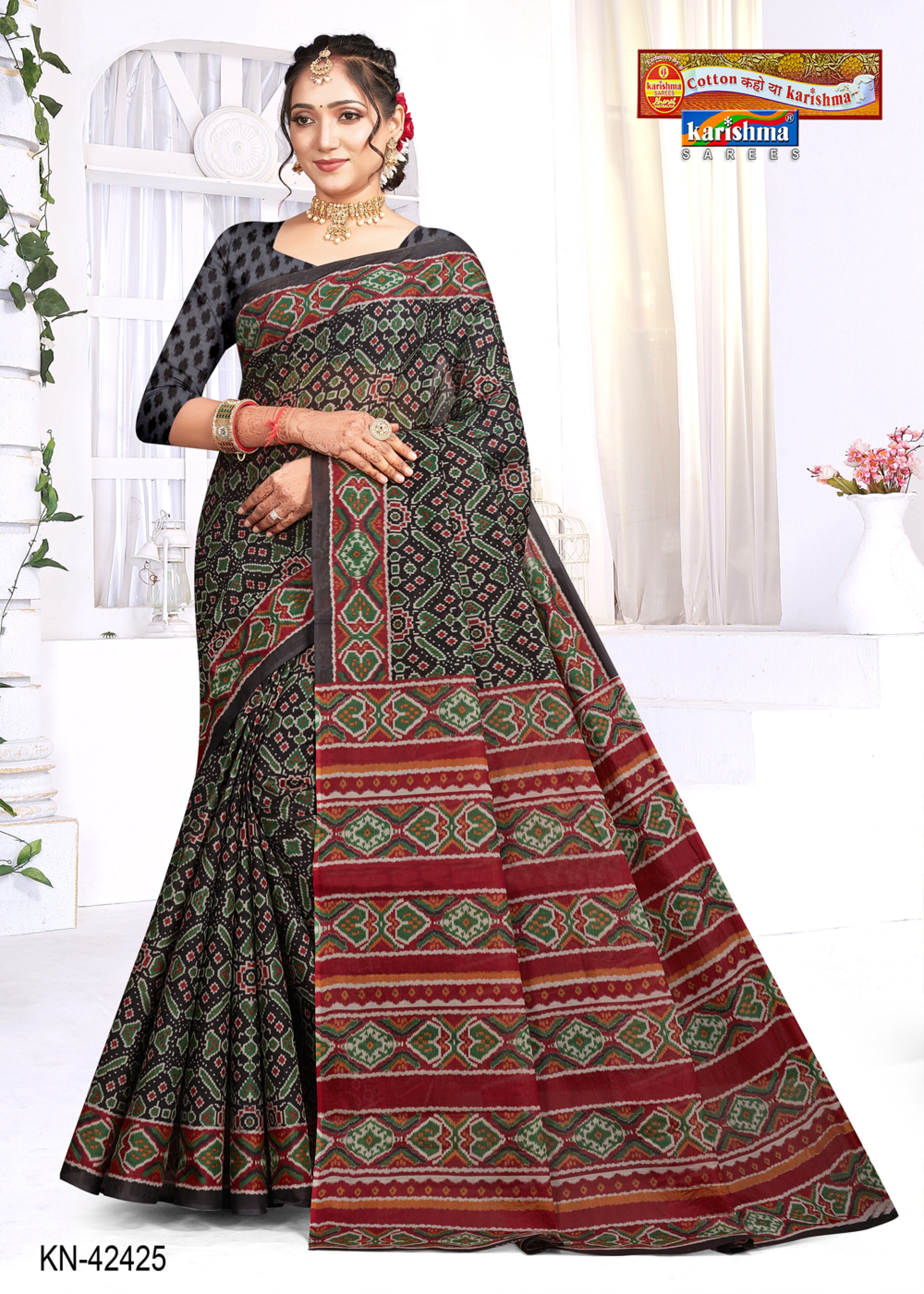 Black Traditional Gujarati Panetar Patola Design Printed Pure Cotton Saree