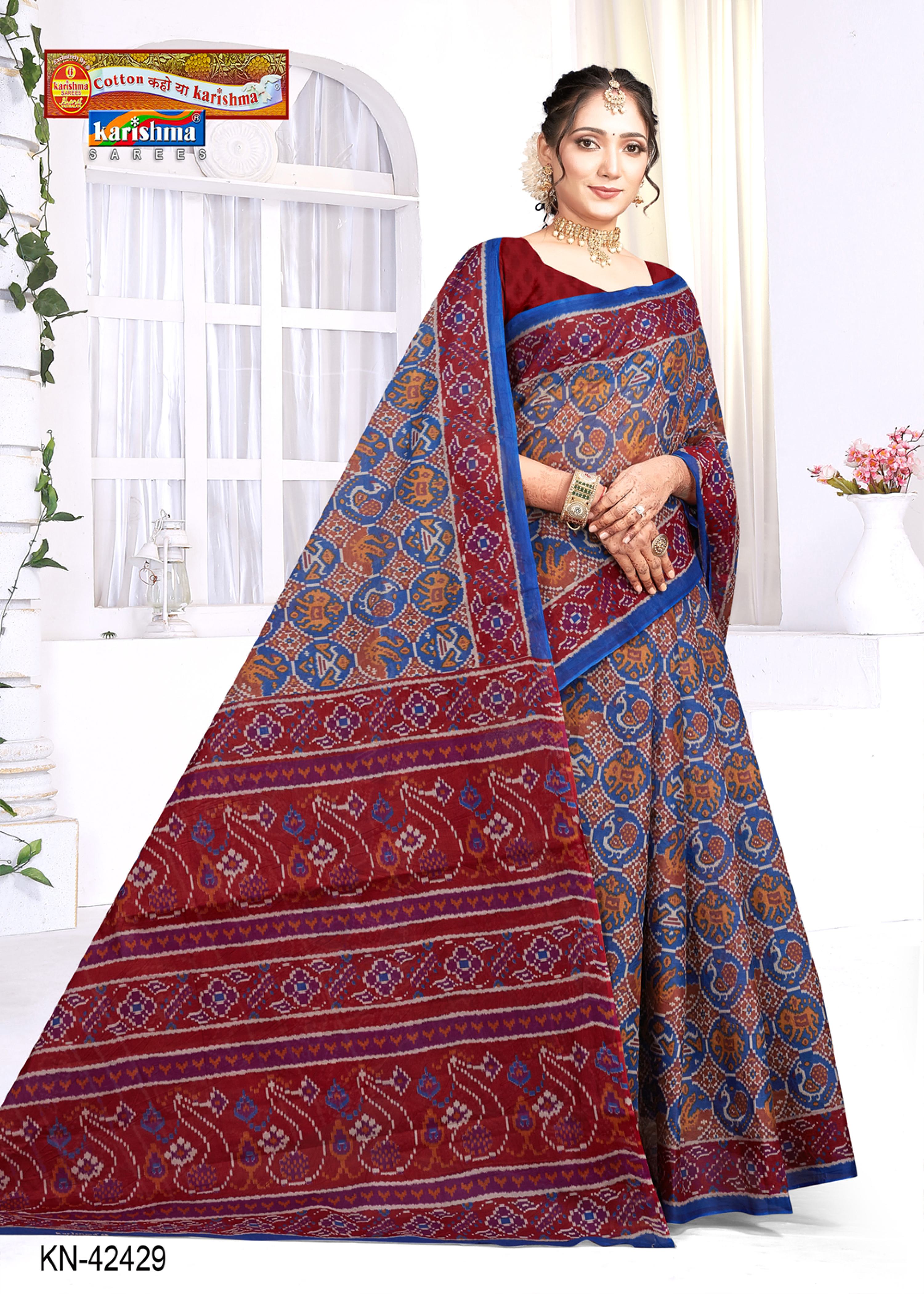 Blue Traditional Gujarati Panetar Patola Design Printed Pure Cotton Saree