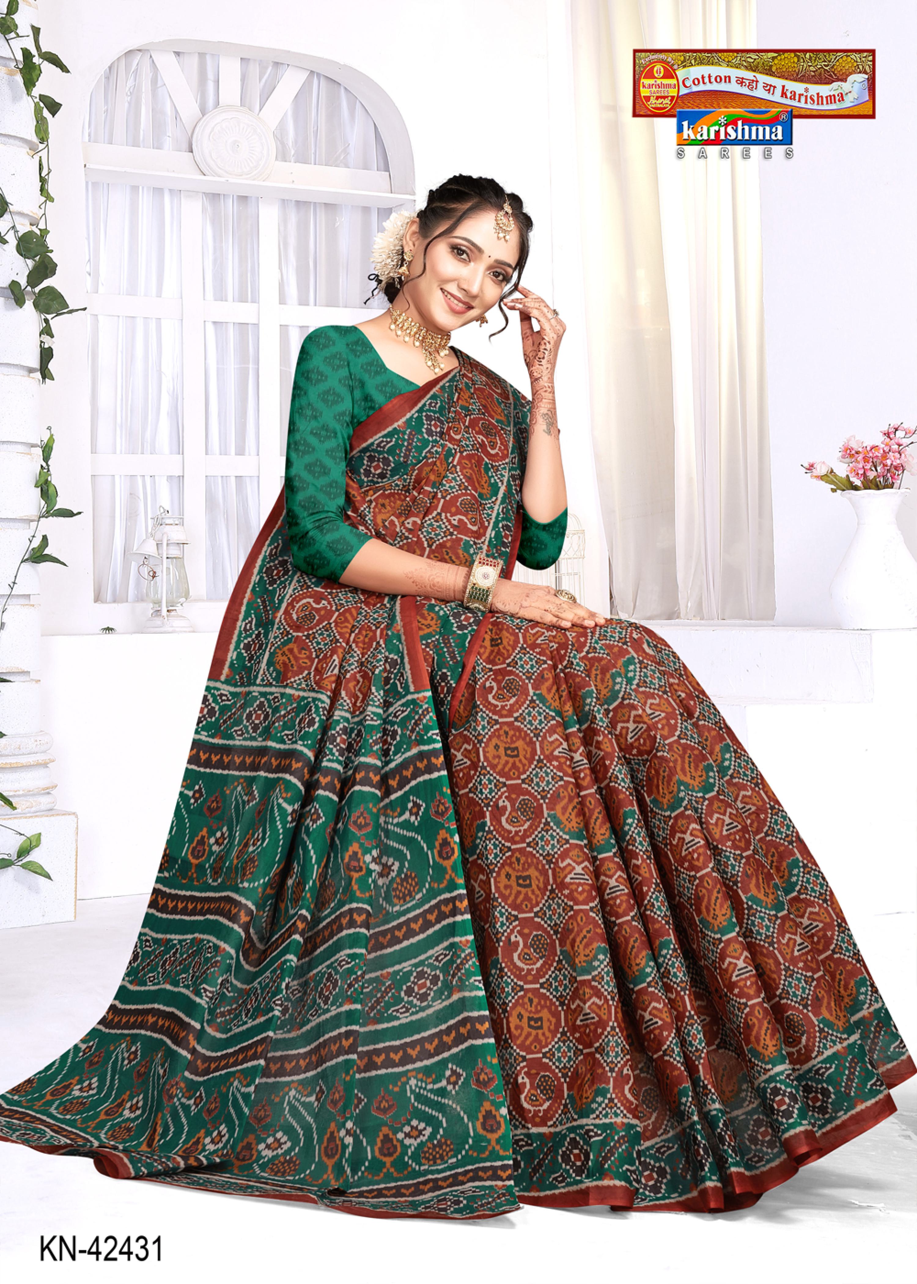 Green Traditional Gujarati Panetar Patola Design Printed Pure Cotton Saree