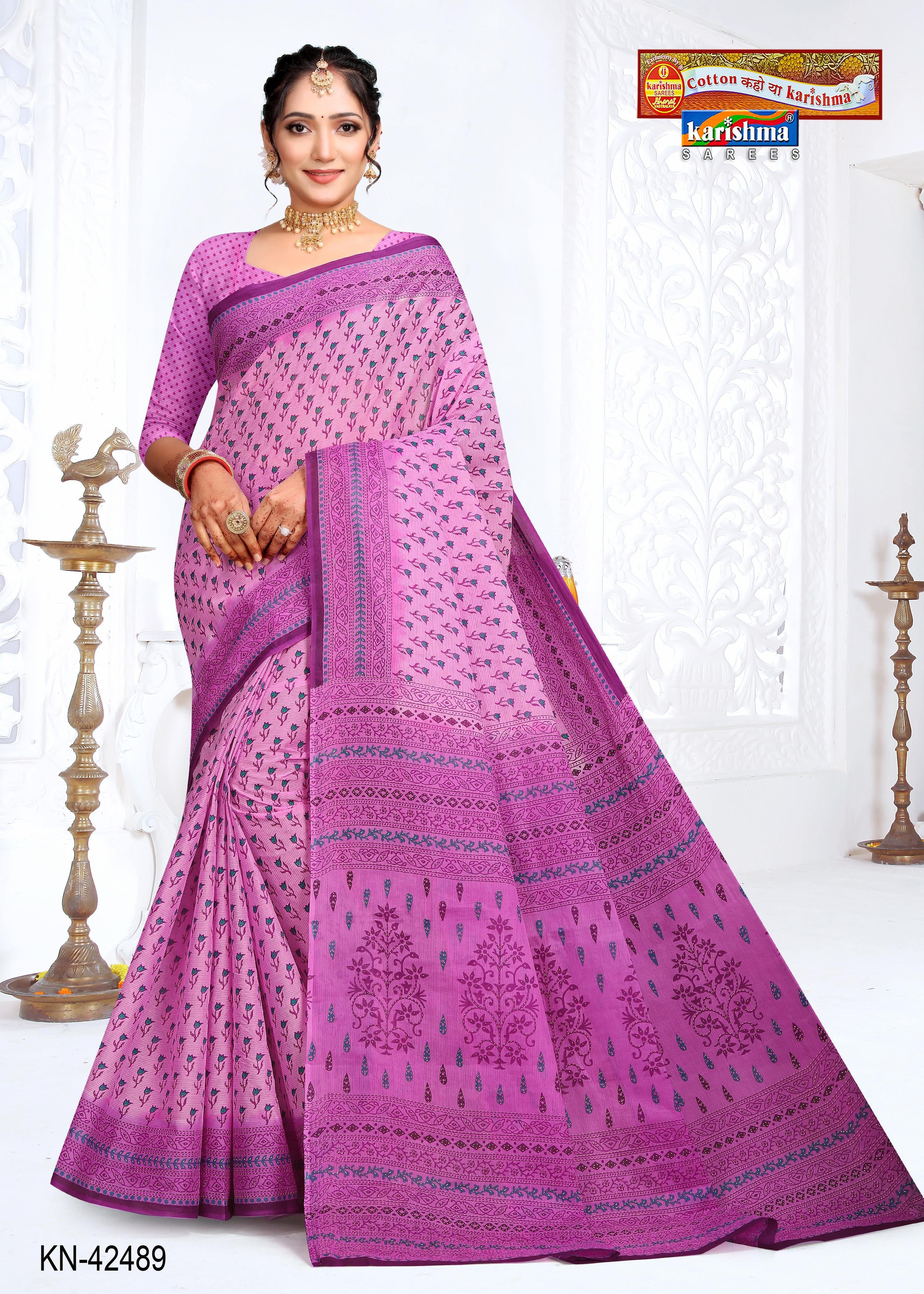 Purple Floral Butti Design Printed Pure Cotton Everyday Wear Saree