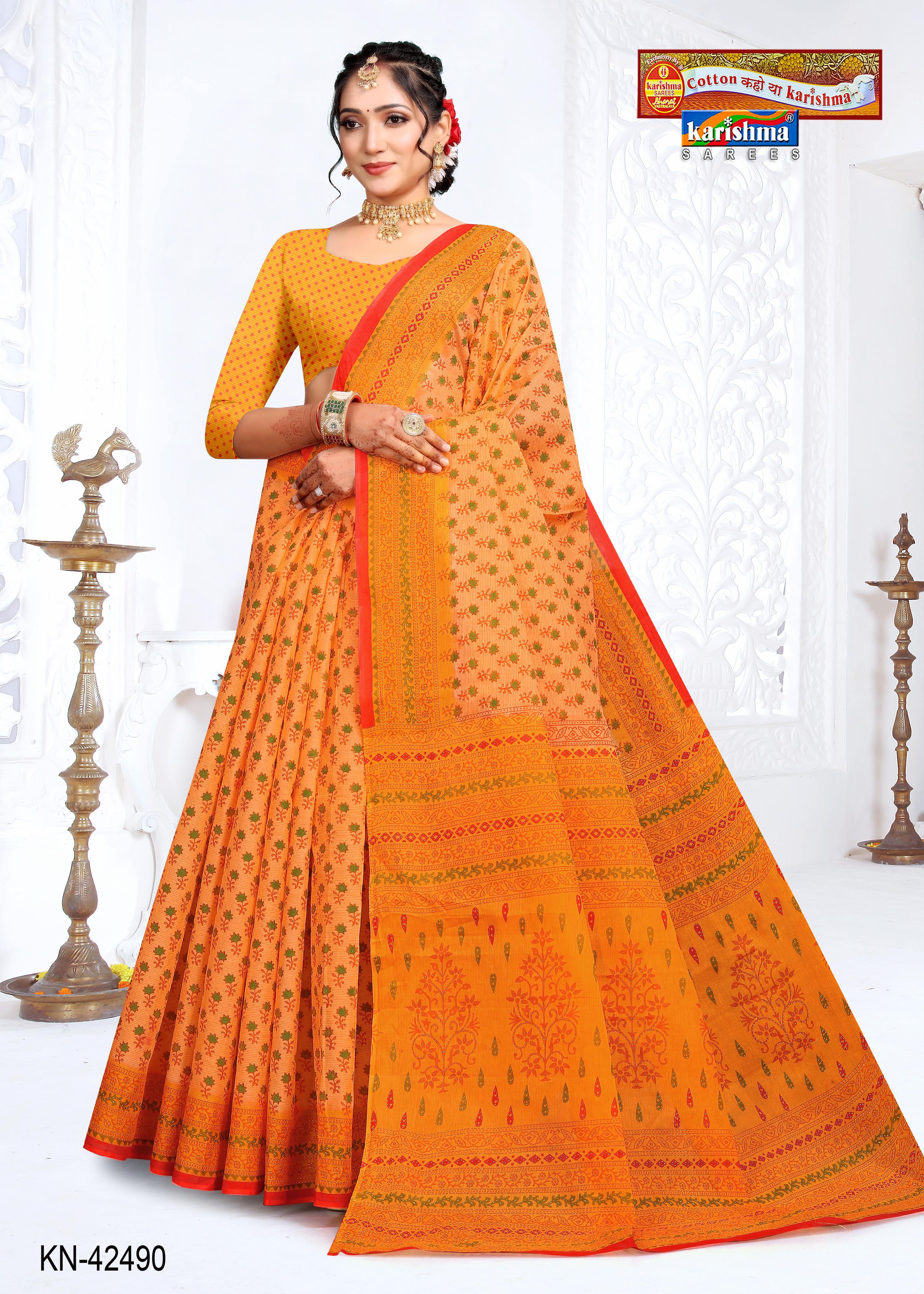 Orange Floral Butti Design Printed Pure Cotton Everyday Wear Saree