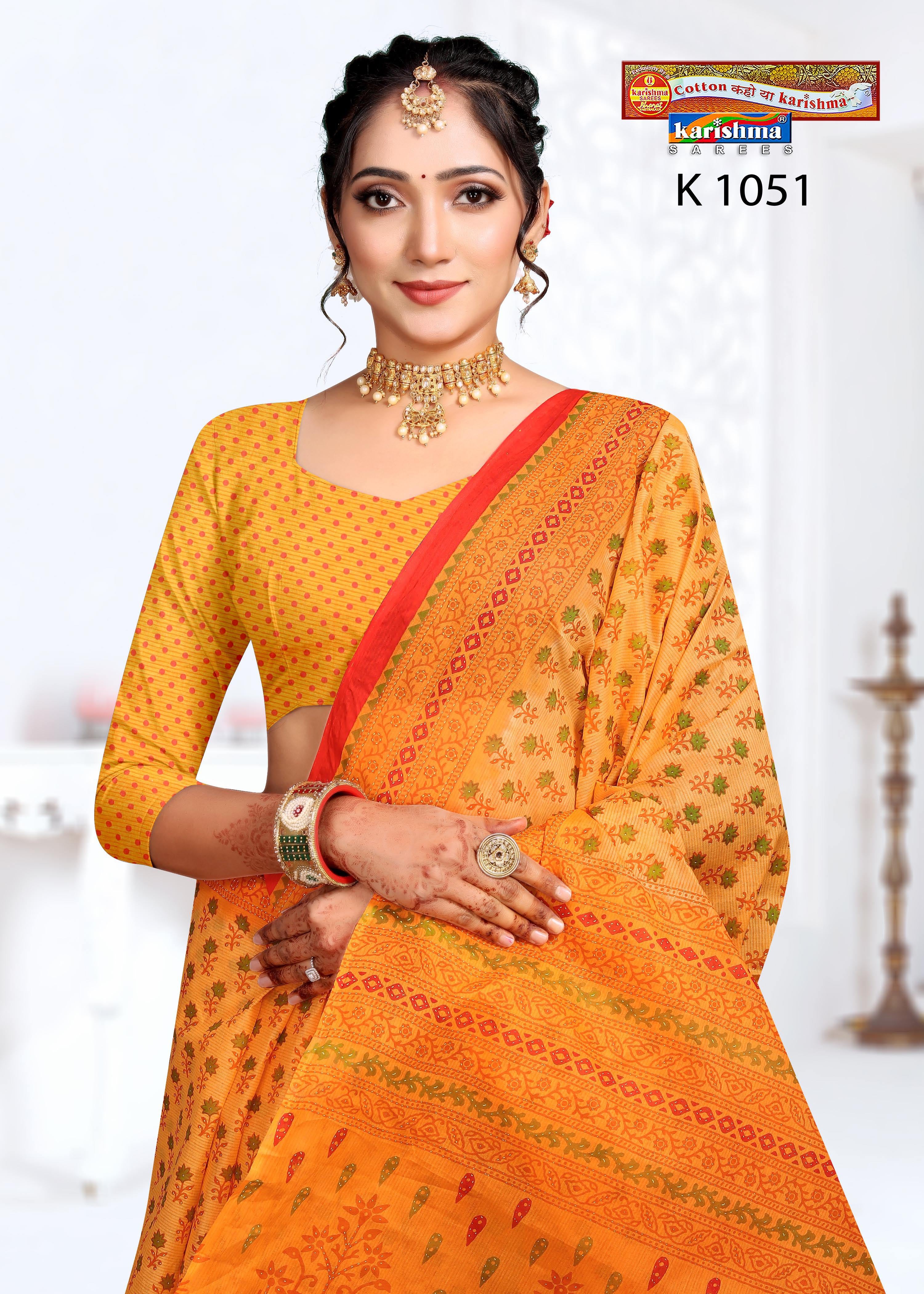 Orange Floral Butti Design Printed Pure Cotton Everyday Wear Saree