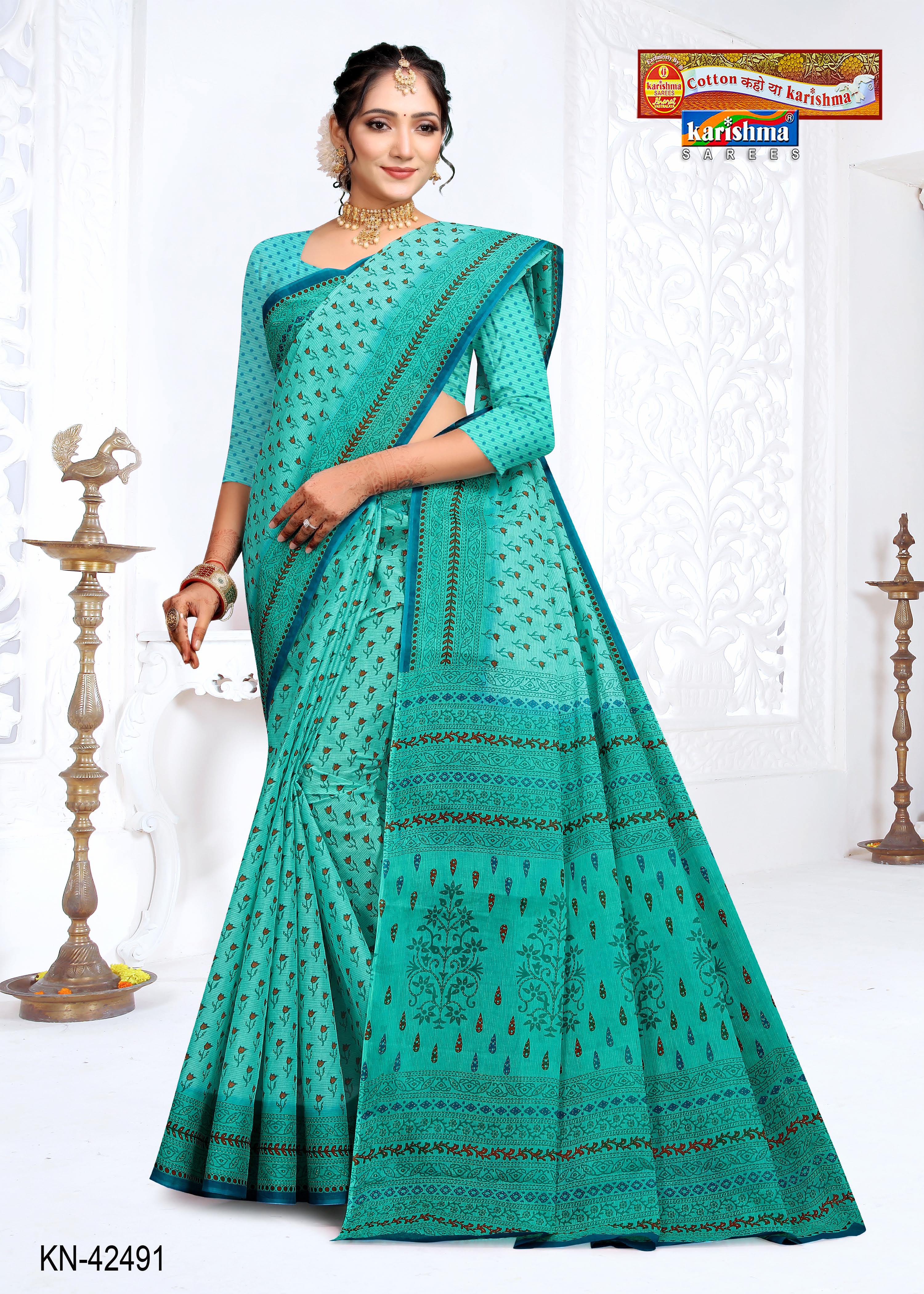 Teal Floral Butti Design Printed Pure Cotton Everyday Wear Saree