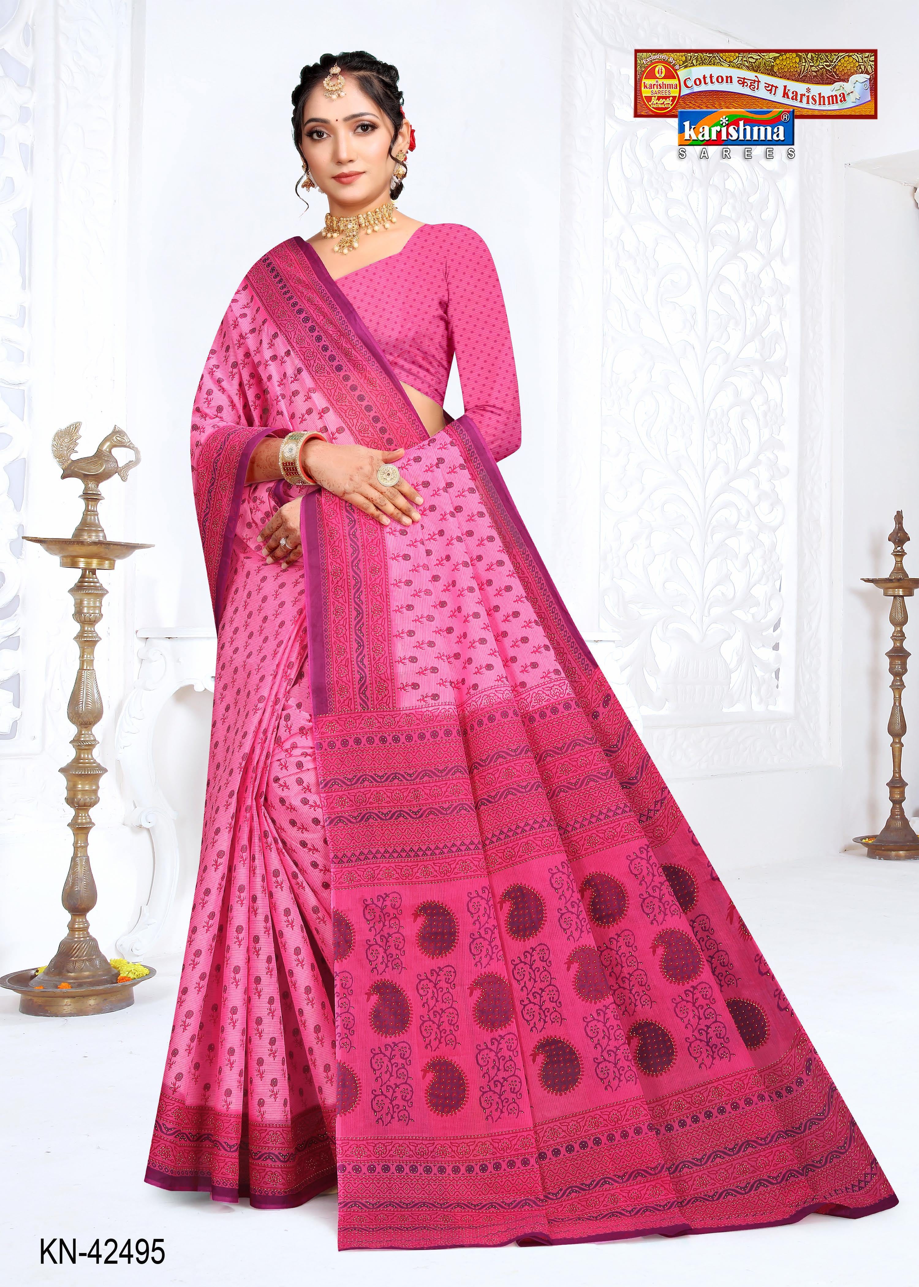 Pink Floral Butti Design Printed Pure Cotton Everyday Wear Saree