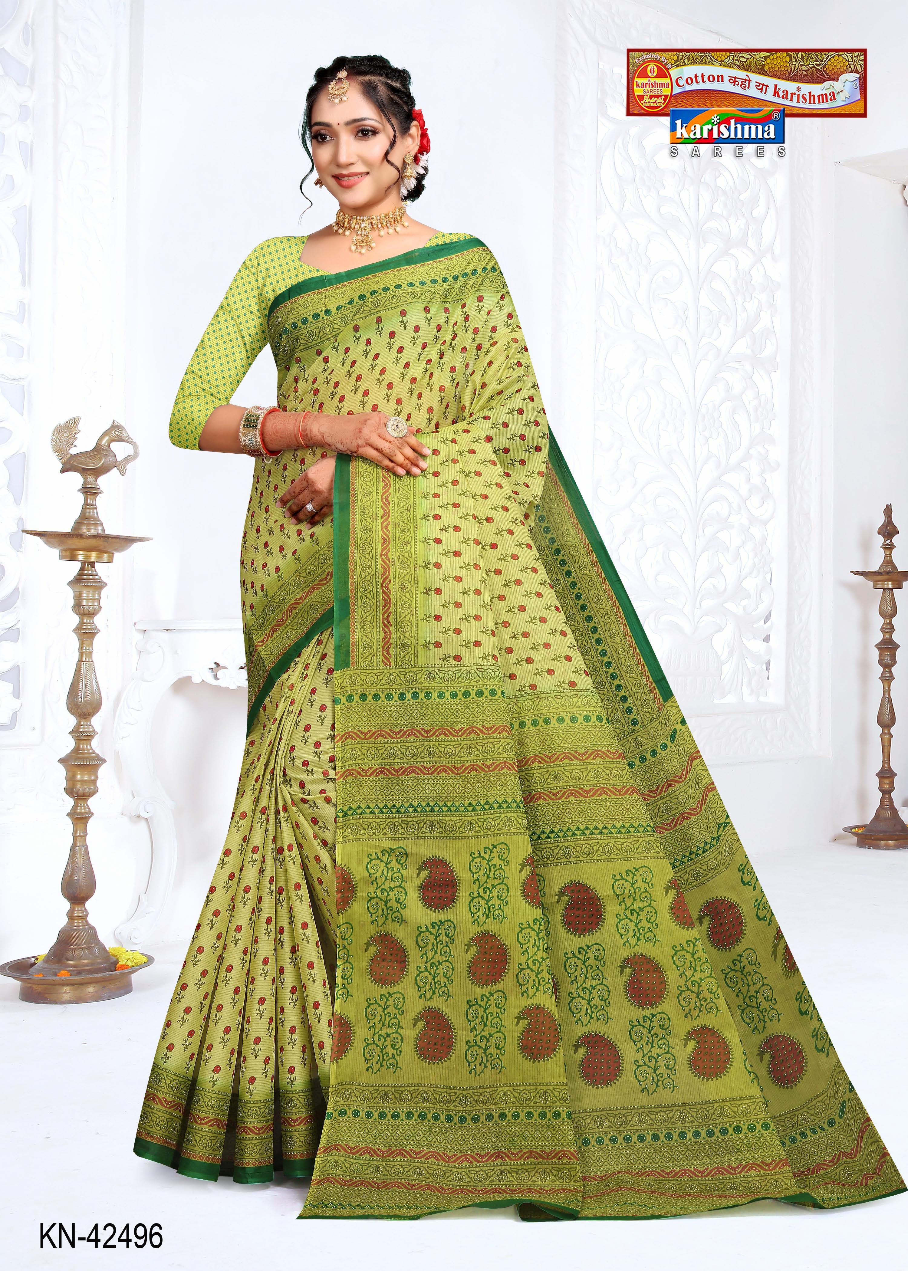 Green Floral Butti Design Printed Pure Cotton Everyday Wear Saree